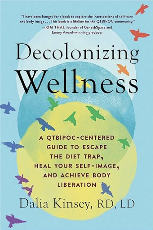 Book cover titled "Decolonizing Wellness" by Dalia Kinsey, RD, LD. The cover features colorful bird silhouettes flying over a stylized Earth with blue, green, and yellow colors, emphasizing themes of self-care, body image, and liberation.