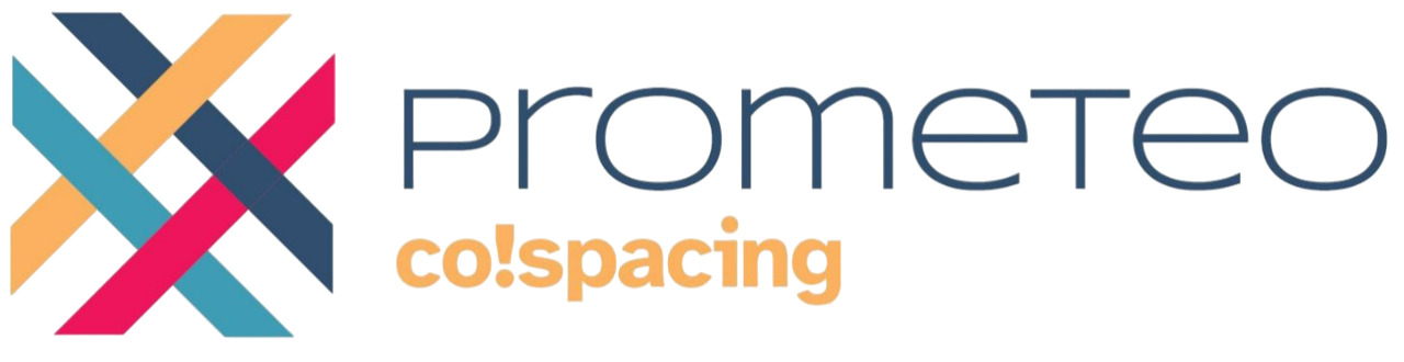 Logo di Prometeo Co!spacing, co-working con design astratto e colori vivaci