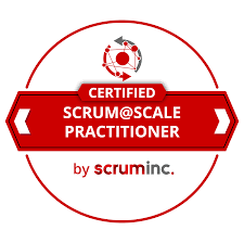 Certified Scrum@Scale Practitioner badge with red and white design, featuring a globe icon at the top.