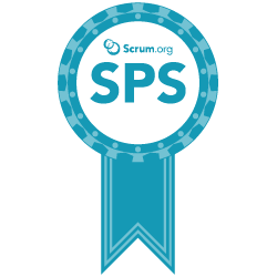 A blue award ribbon with the Scrum.org logo and the letters 'SPS' in the center.