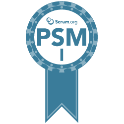 Scrum.org PSM I certification badge with a blue ribbon.