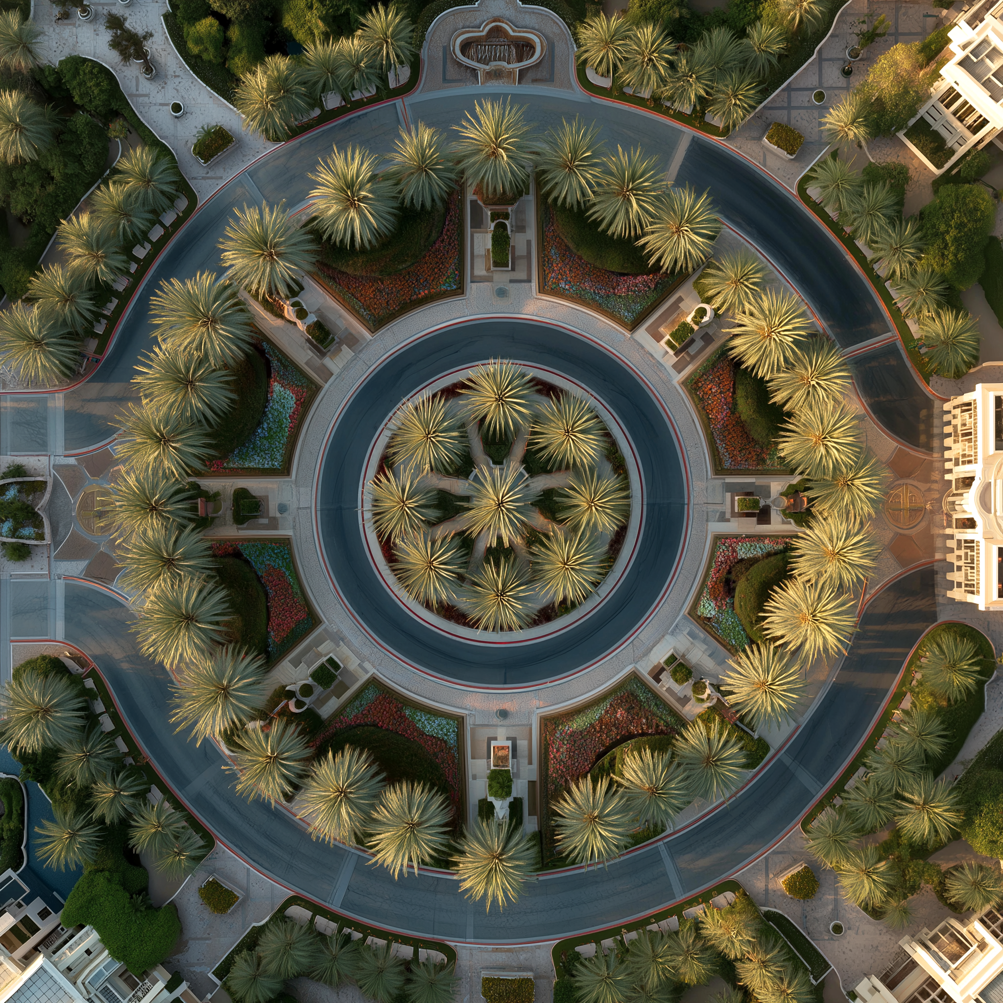 Aerial view of a circular palm tree roundabout with layered planting beds, flower borders, and surrounding roads in a luxury development.