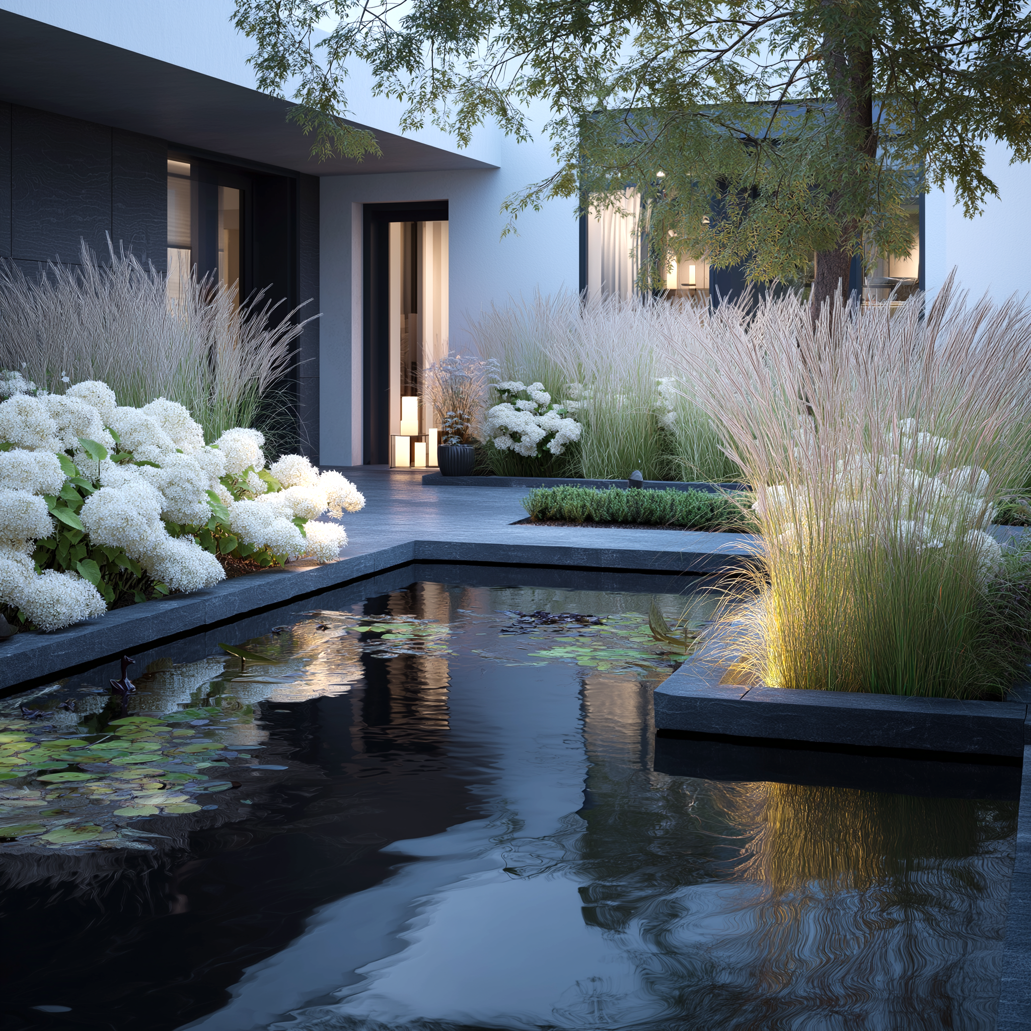 Minimalist garden courtyard with reflecting pond, water lilies, ornamental grasses, and white hydrangea borders.