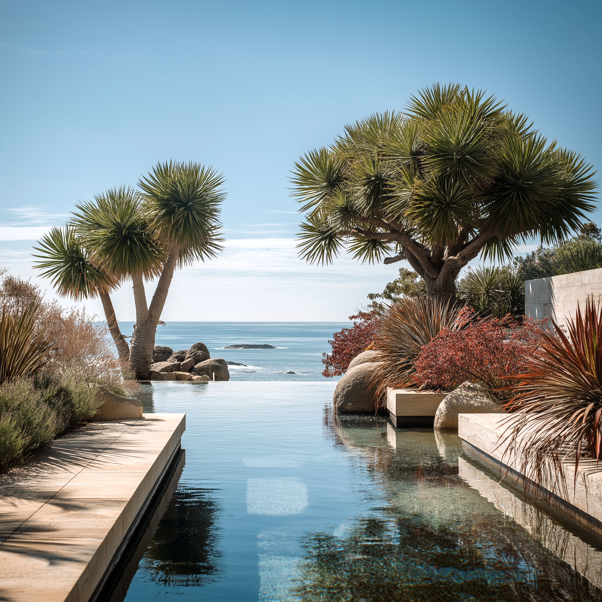Infinity pool overlooking the sea, framed by sculptural palm trees, coastal plants, and minimalist stone terraces.