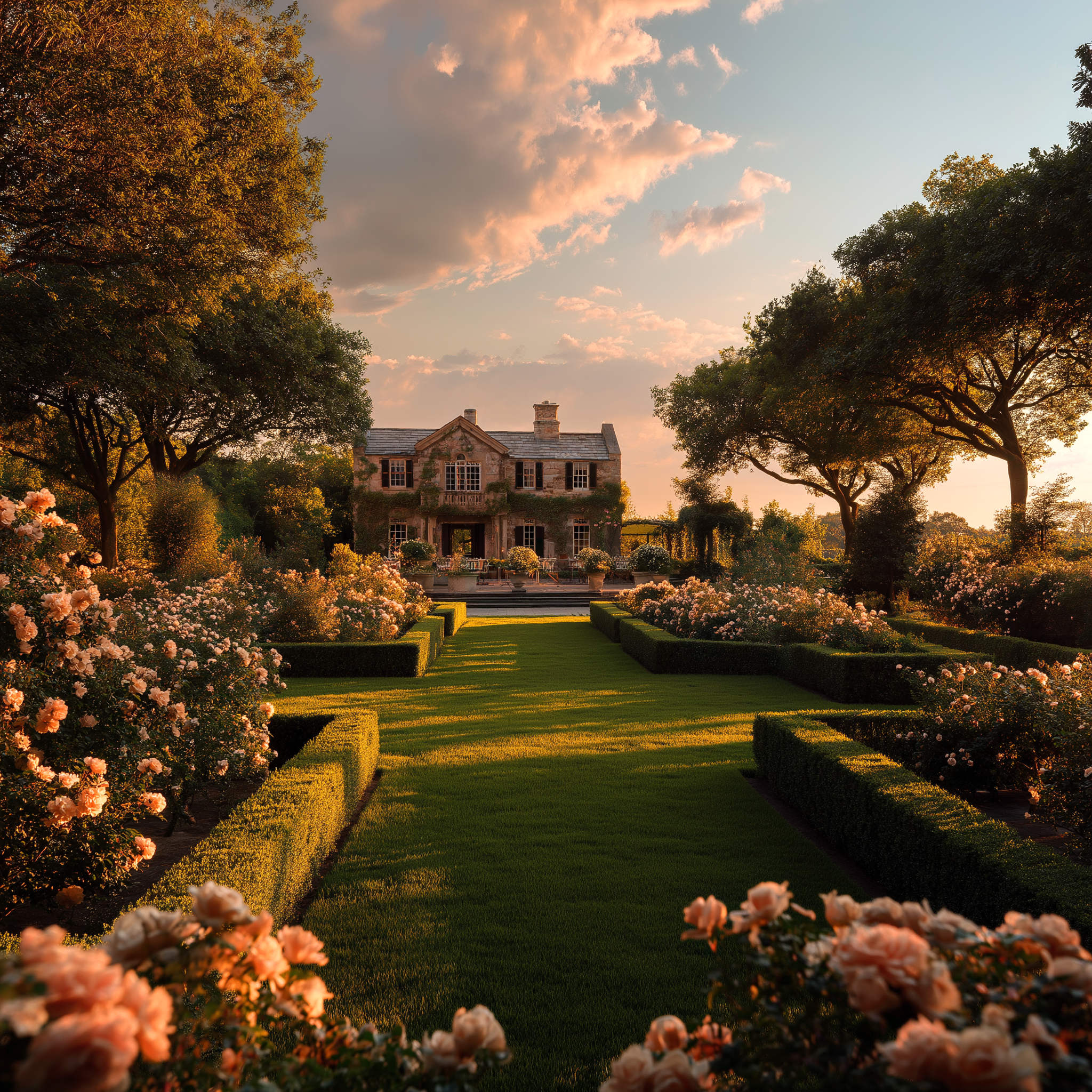 Romantic rose garden with boxwood hedges, tree-lined path, and a country manor framed by pink rose borders at golden hour.