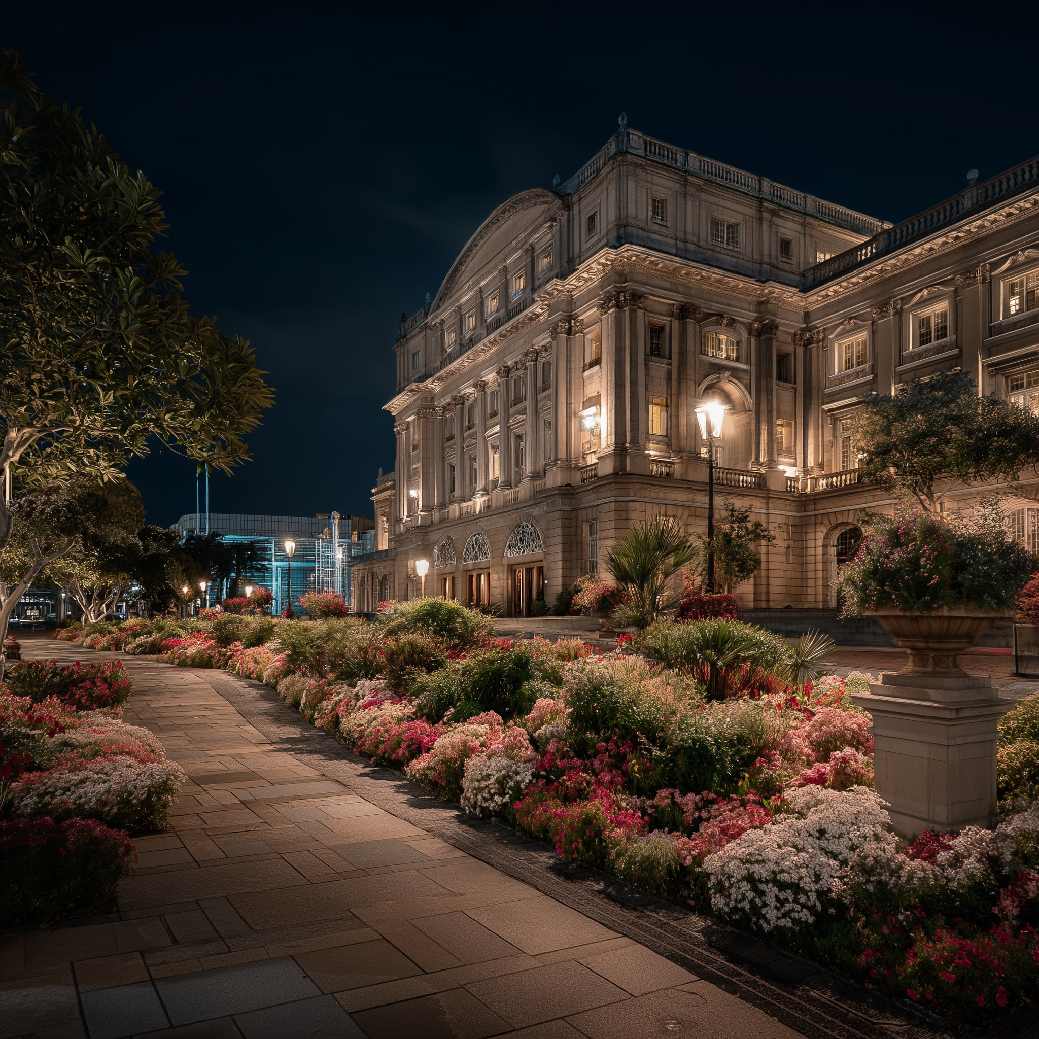 Illuminated historic building with ornate architecture, surrounded by landscaped flower beds and a night-lit garden walkway.