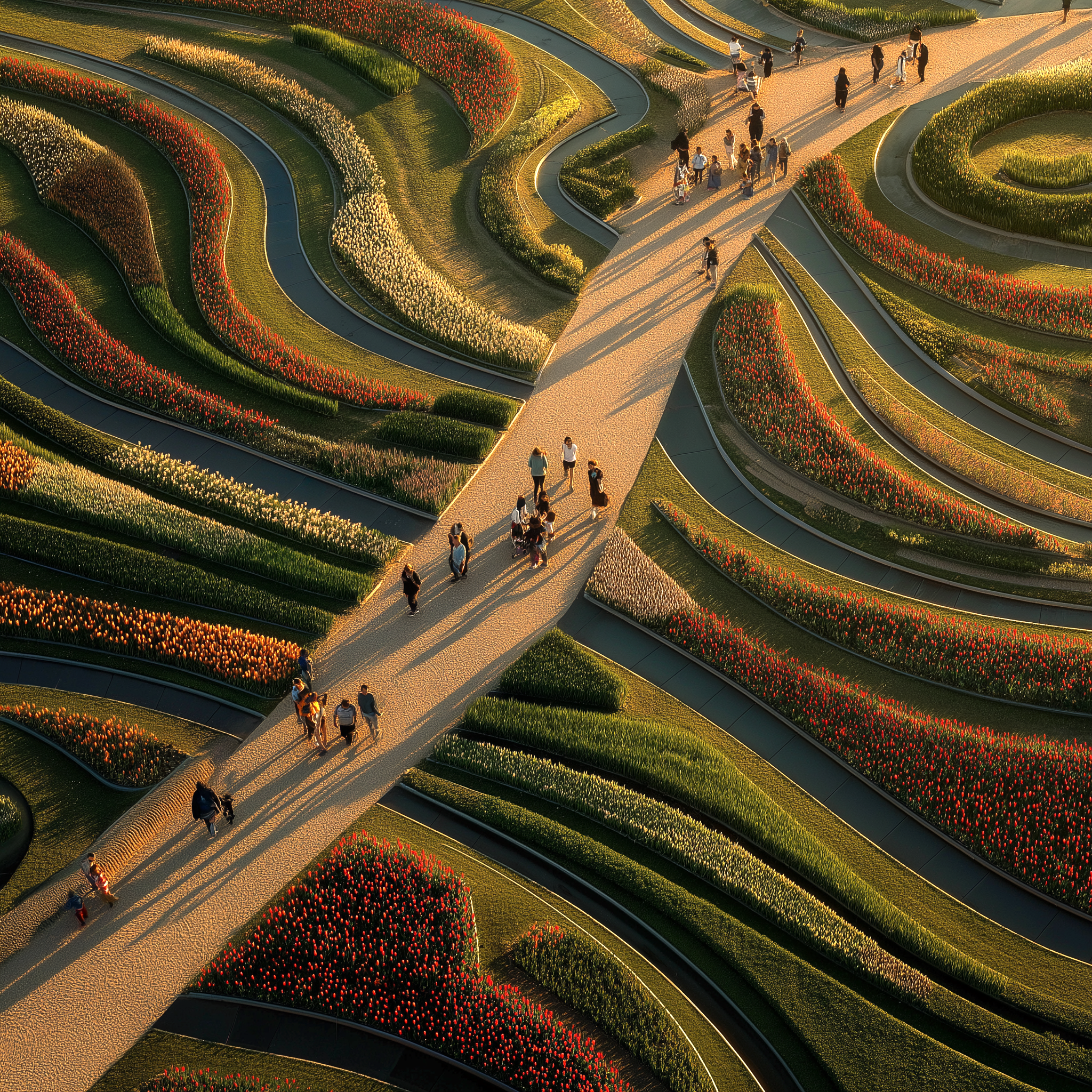 Aerial view of a contemporary public park with terraced flower beds, winding pathways, and colorful tulip fields.
