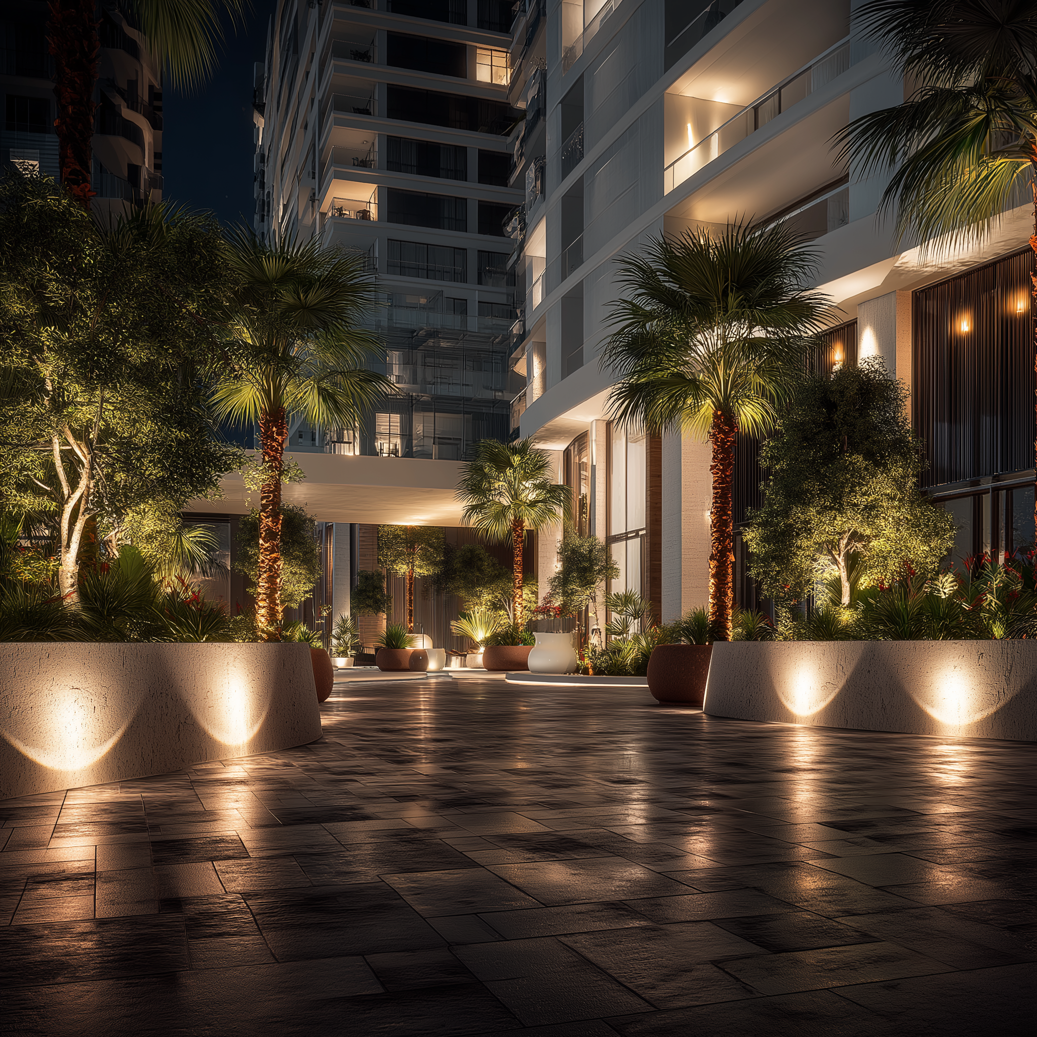 Luxury residential courtyard at night with palm trees, lush greenery, and soft landscape lighting creating a resort-style entrance.