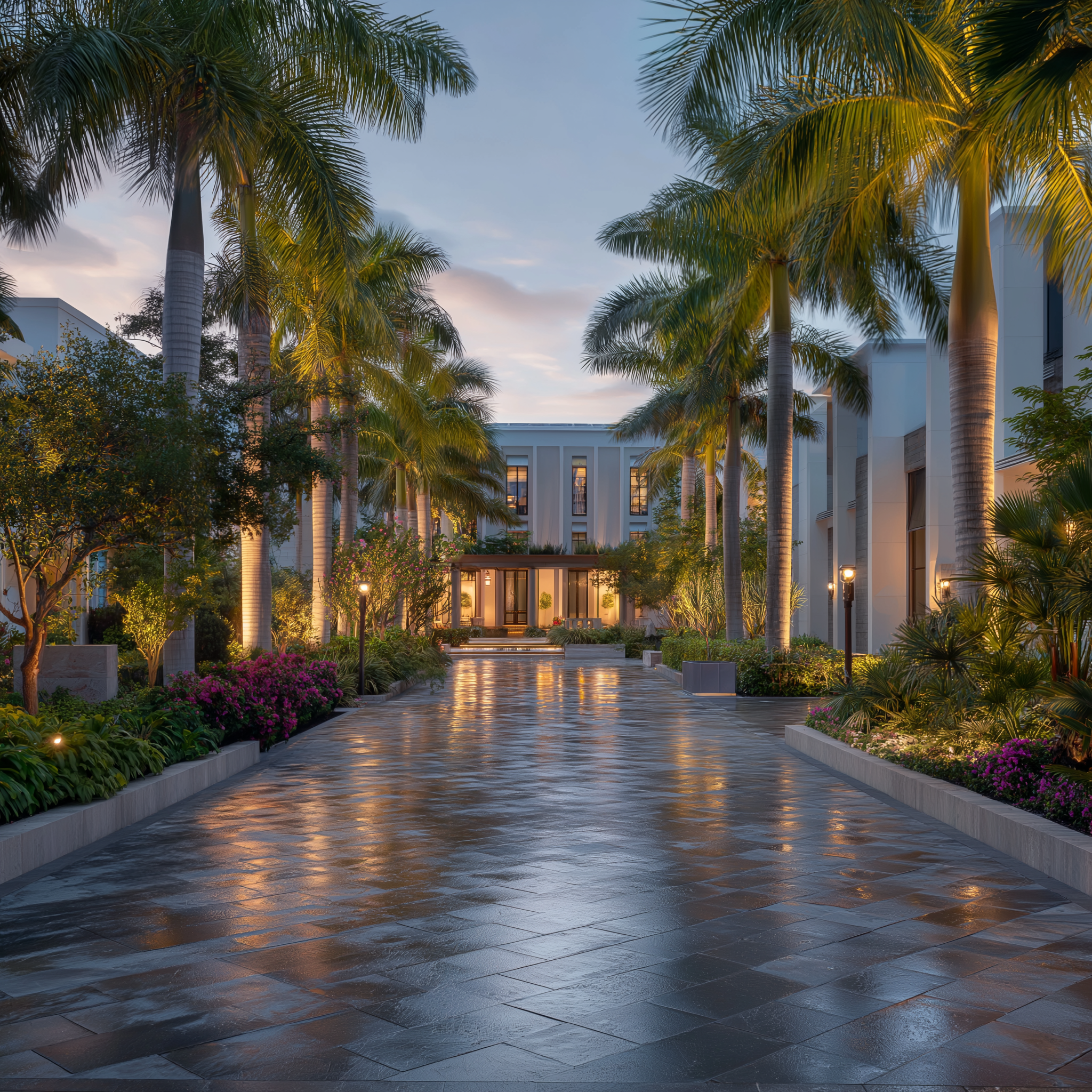Palm tree lined luxury hotel entrance with illuminated landscaping, tropical greenery, and elegant stone paving at dusk.