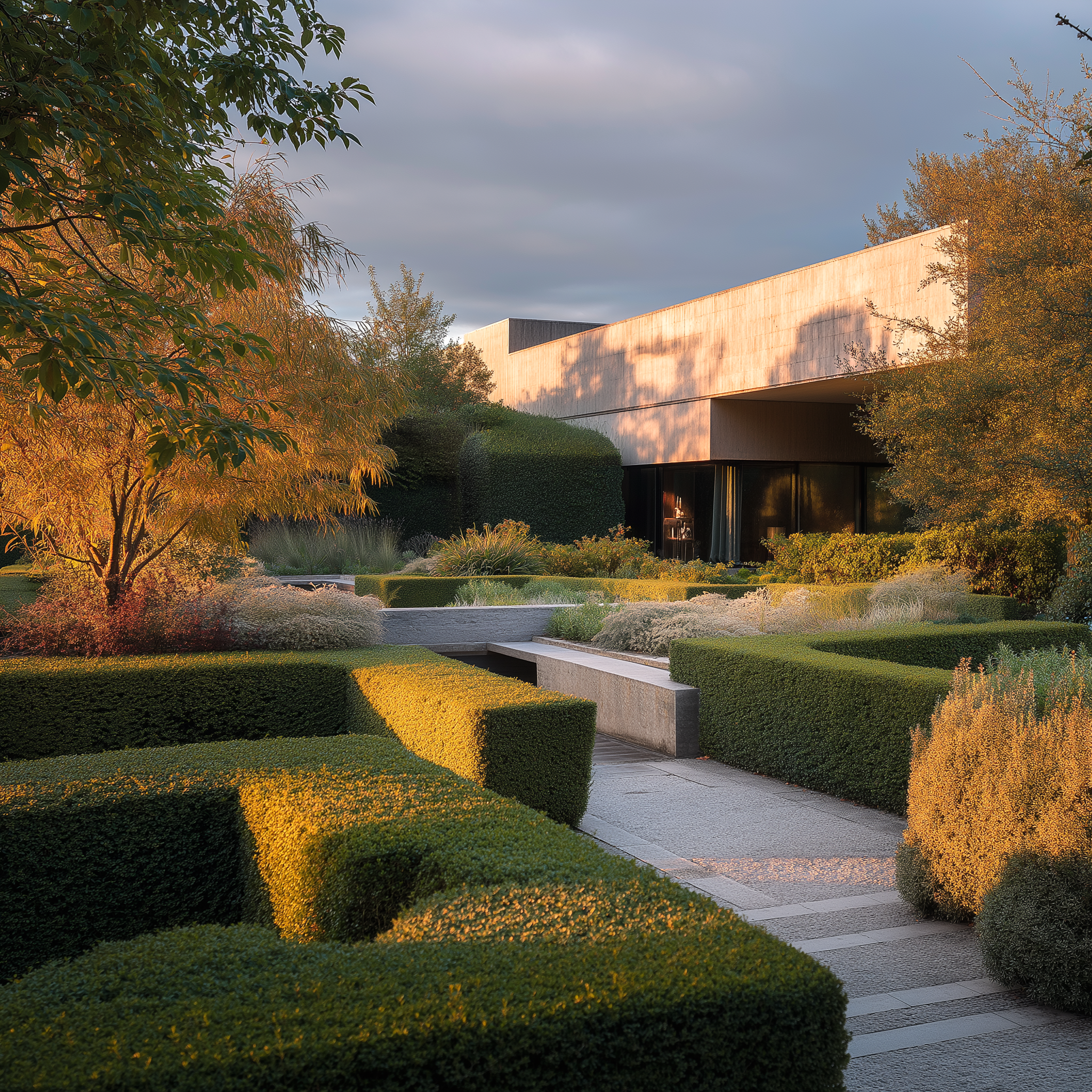 Modern villa garden with structured hedges – Contemporary landscape featuring golden-hour lighting, sharp geometric boxwood hedges, and ornamental planting around a luxury residence.