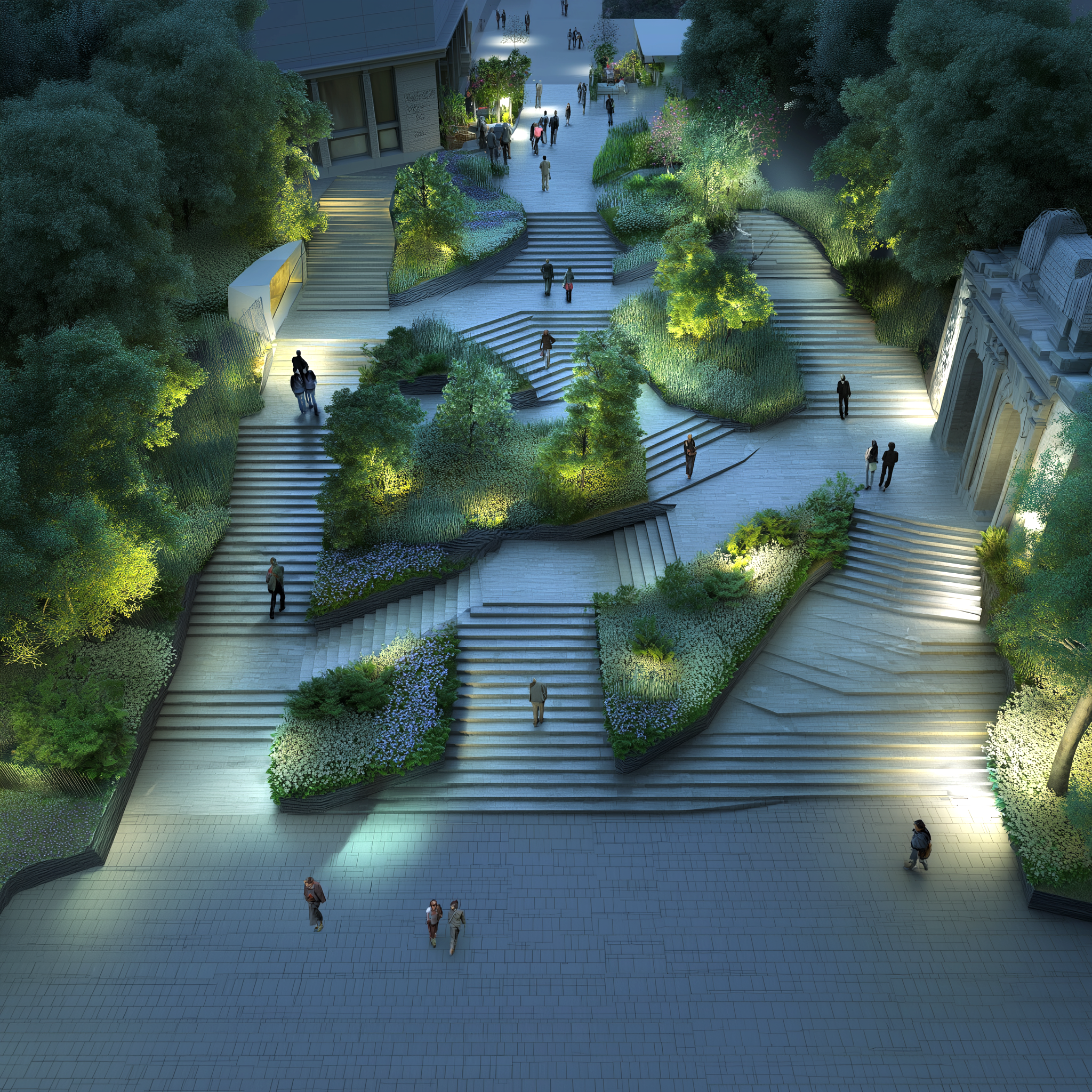 Nighttime view of terraced urban landscape with illuminated steps, lush greenery, and people walking through a modern public space.