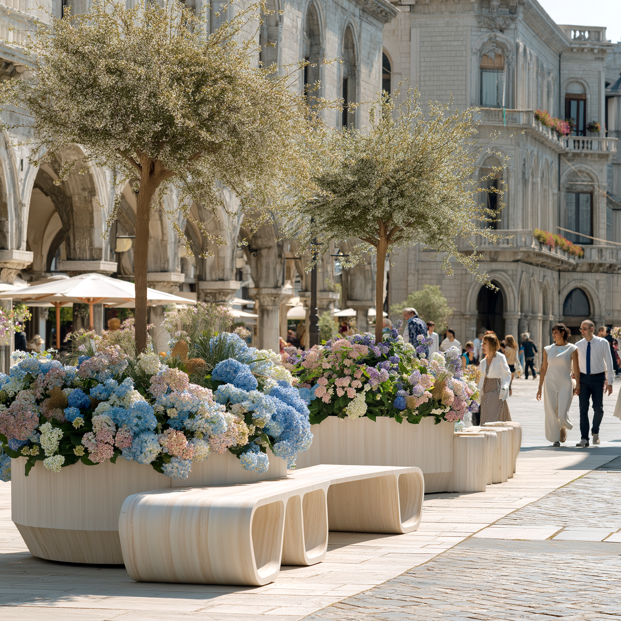 Public square with sculptural seating planters filled with pastel hydrangeas and small trees, set against historic stone arcades.