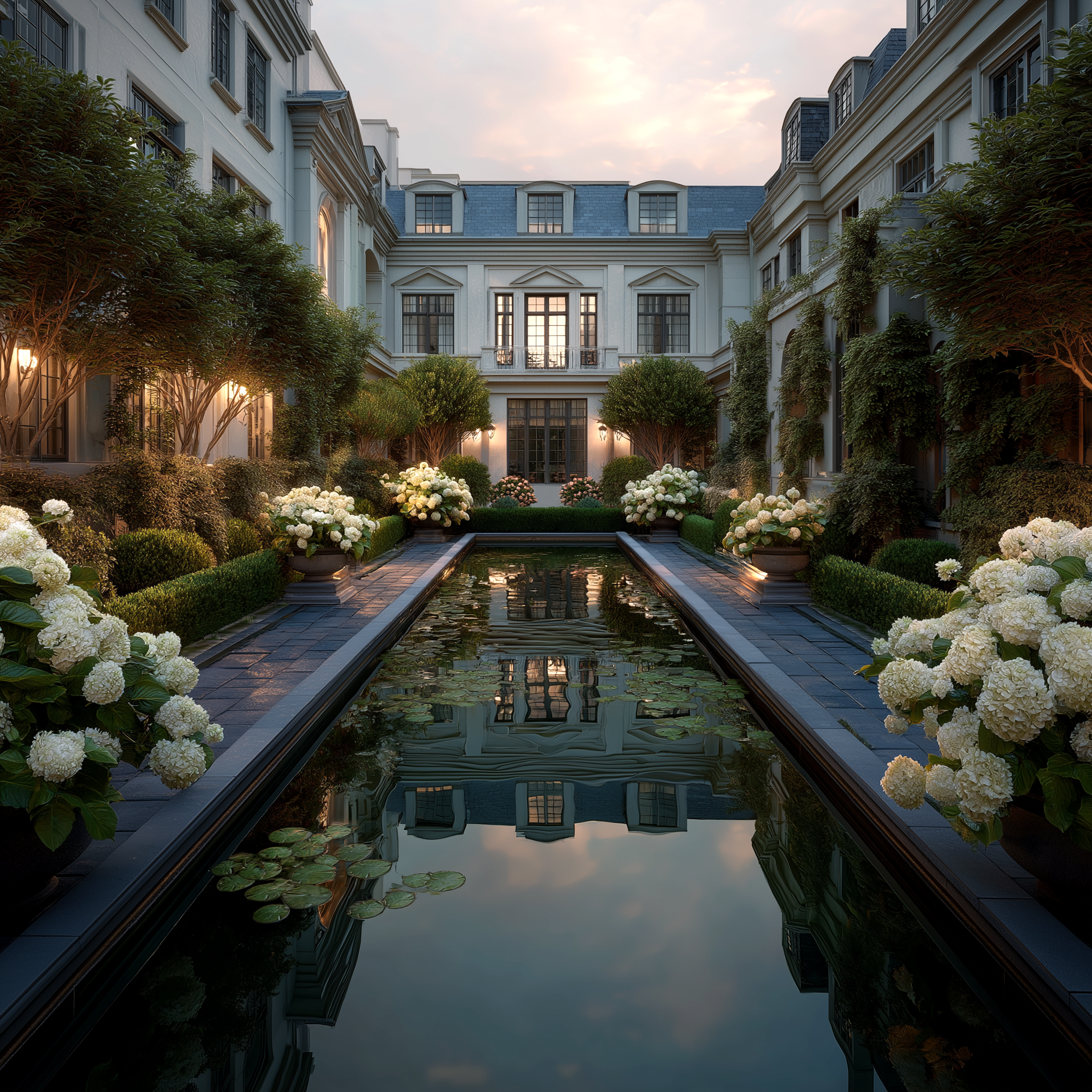 Elegant courtyard garden with hydrangeas and reflecting pool – Luxury courtyard landscape with symmetrical design, lush hydrangea planters, trimmed hedges, and a reflective water feature at dusk.