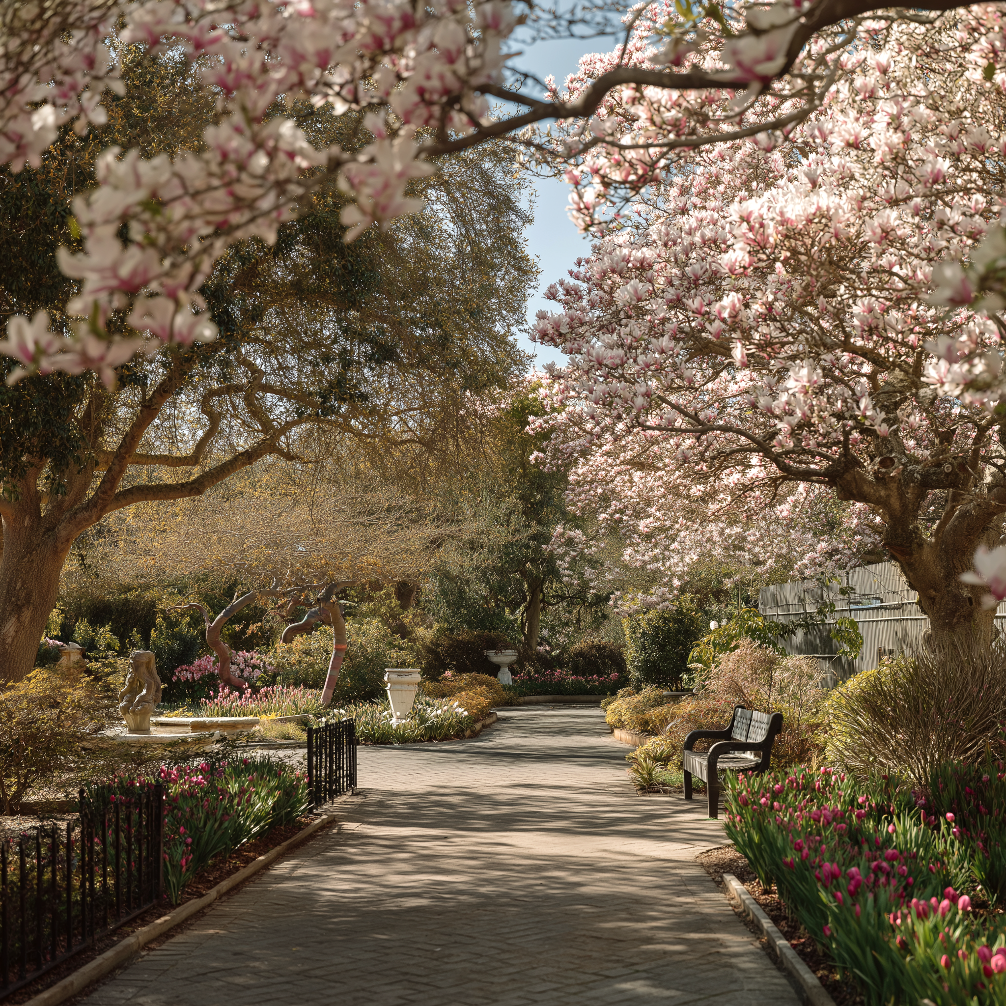 Scenic garden pathway framed by blooming magnolia trees, benches, and spring flowers in a tranquil park setting.