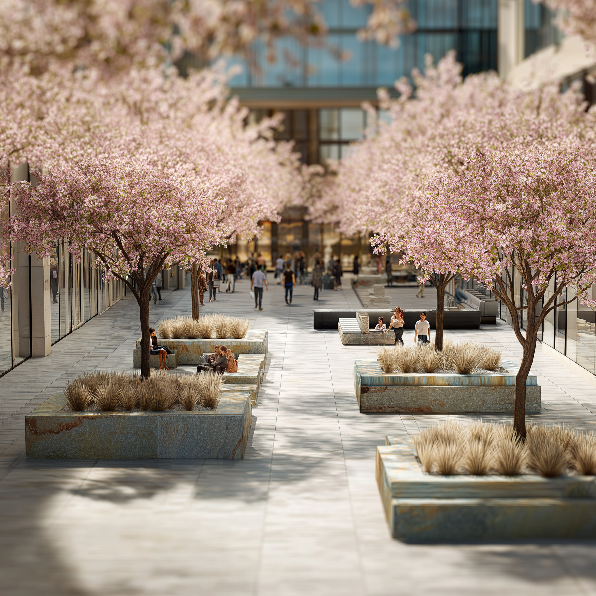 Urban plaza with blooming cherry blossom trees, stone planters, and seating areas where people gather in a business district.