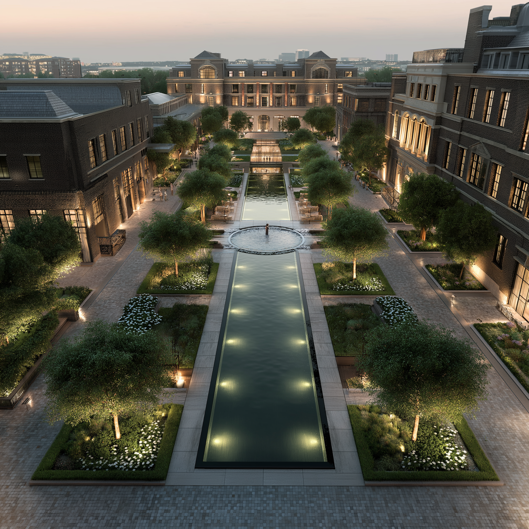 Formal courtyard landscape with symmetrical reflecting pools, tree-lined pathways, and elegant lighting in a luxury development.