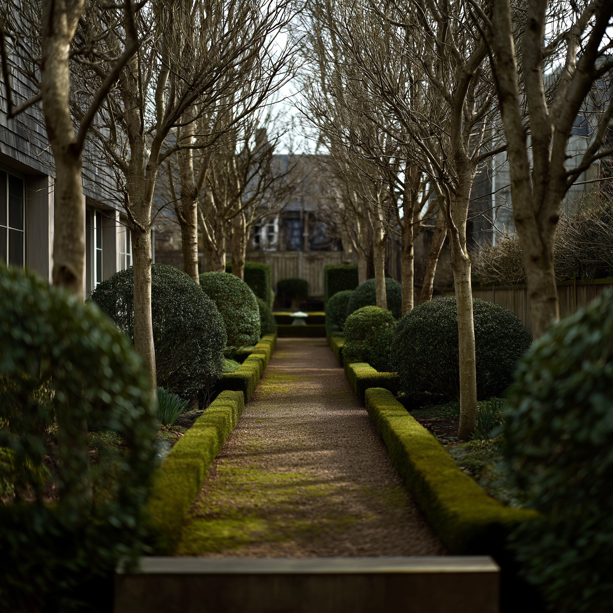 Symmetrical garden walkway lined with bare trees, clipped boxwood spheres, and mossy paths in a refined residential garden.