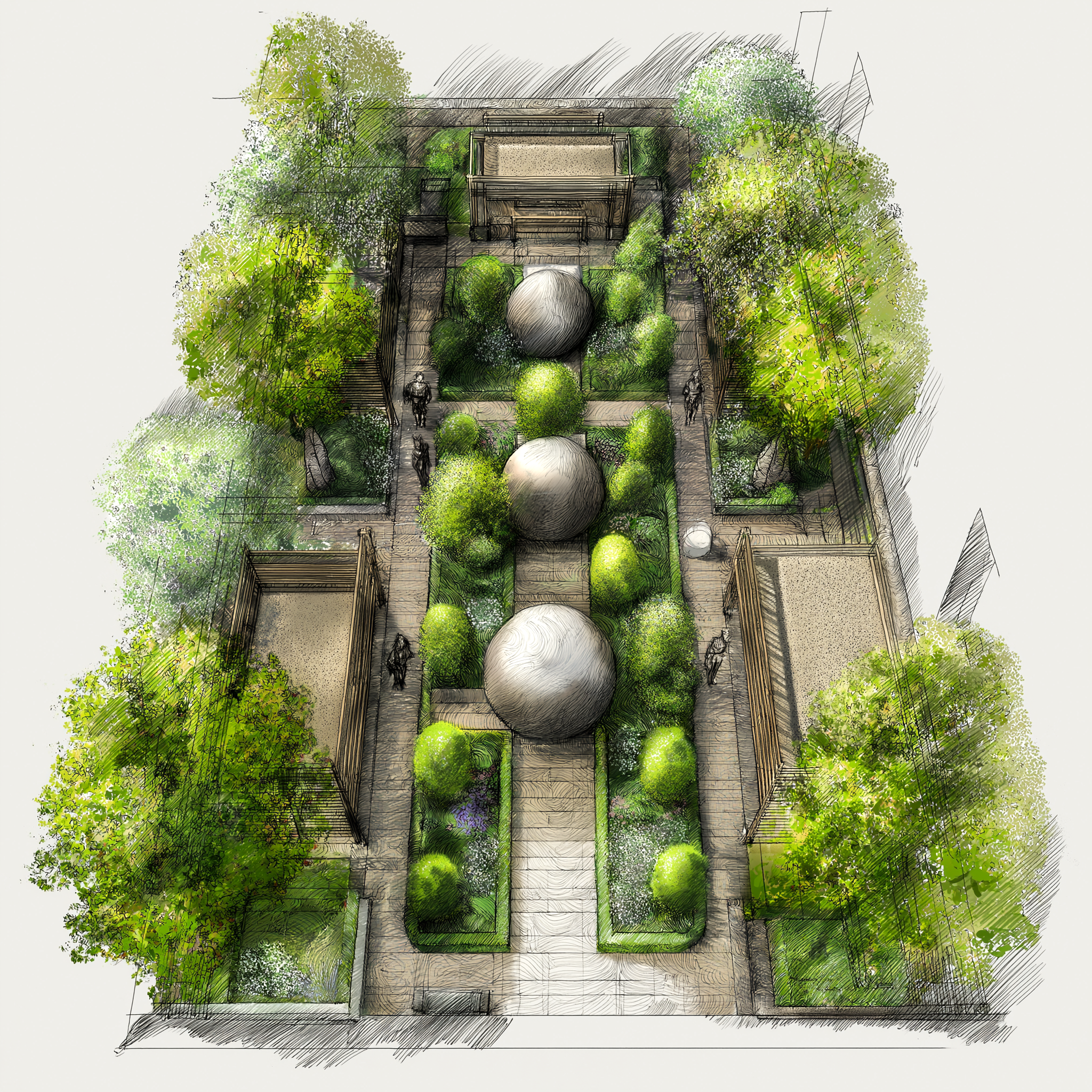 Conceptual garden sketch with symmetrical pathways, spherical sculptures, and structured greenery framed by trees.