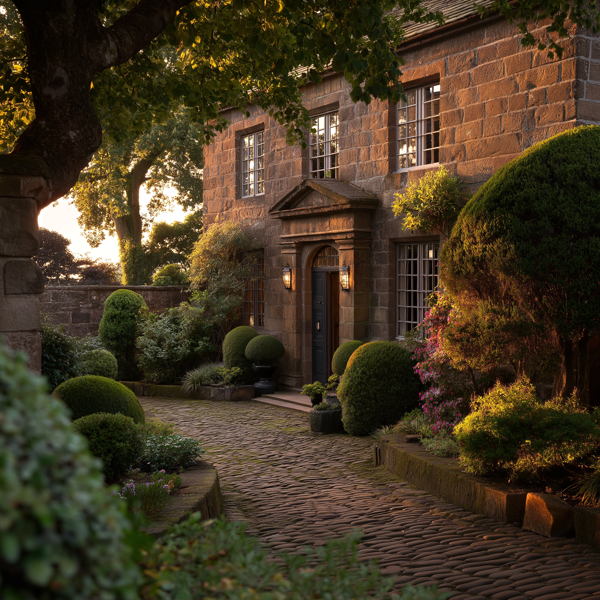 Traditional English country house surrounded by manicured shrubs, cobblestone path, and lush flowering garden at sunset.