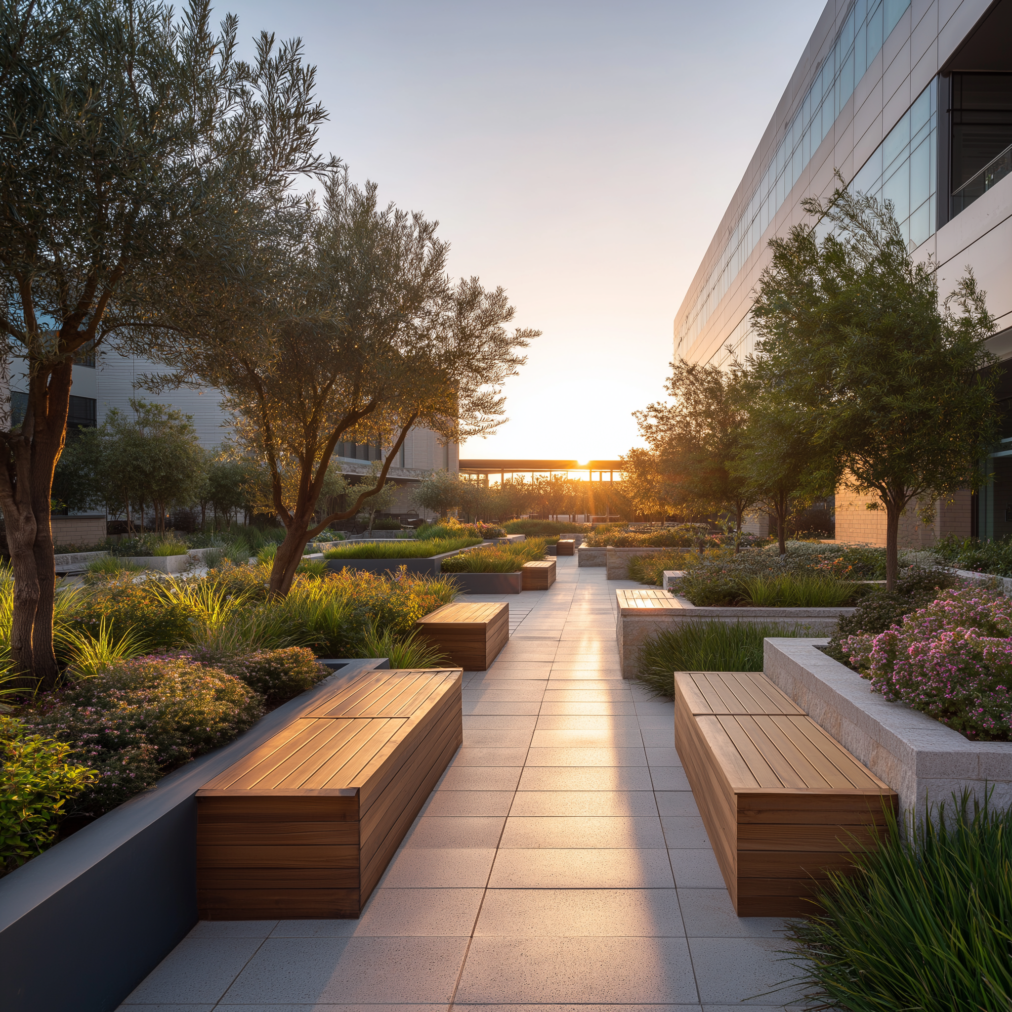 Corporate rooftop terrace with structured planting, olive trees, and wooden benches, designed as a modern outdoor workplace retreat at sunset.