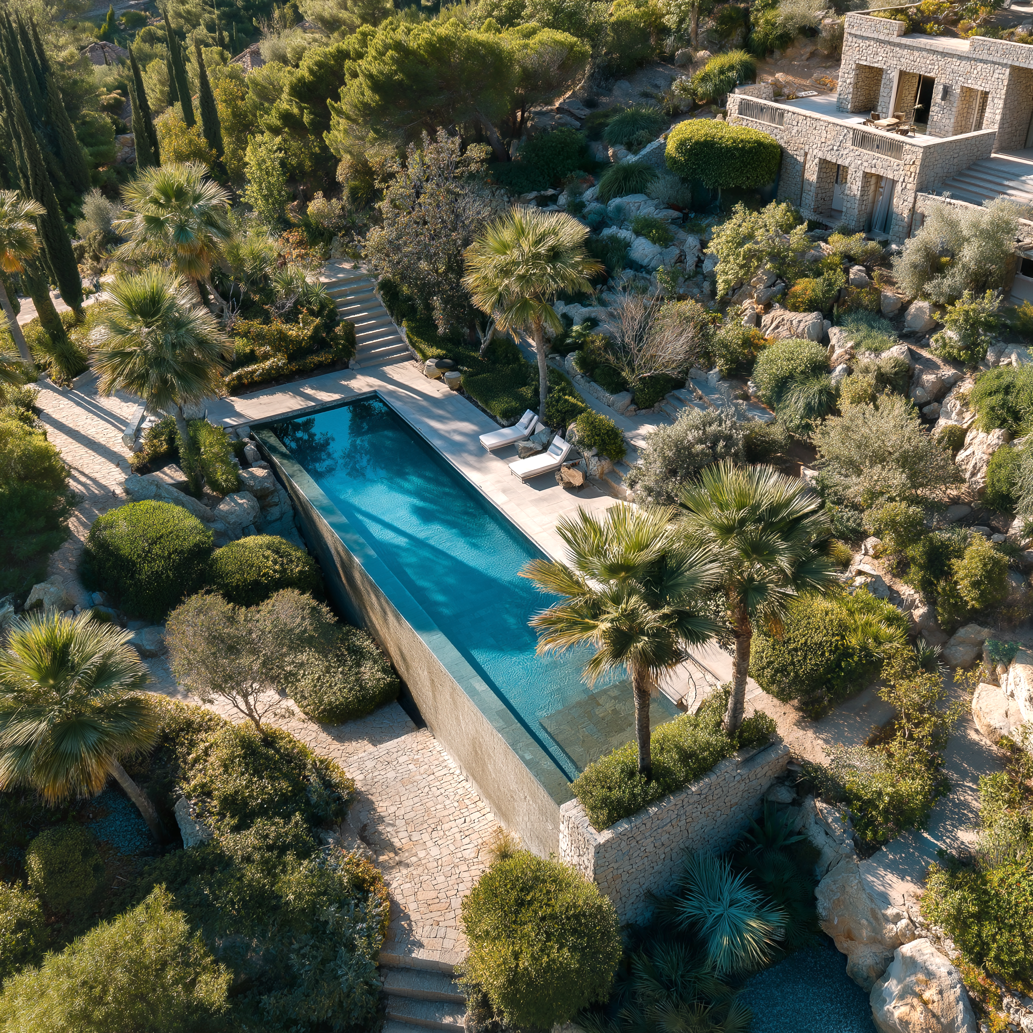 Mediterranean hillside garden with stone pathways, lush greenery, and a sleek rectangular swimming pool beside a stone villa.