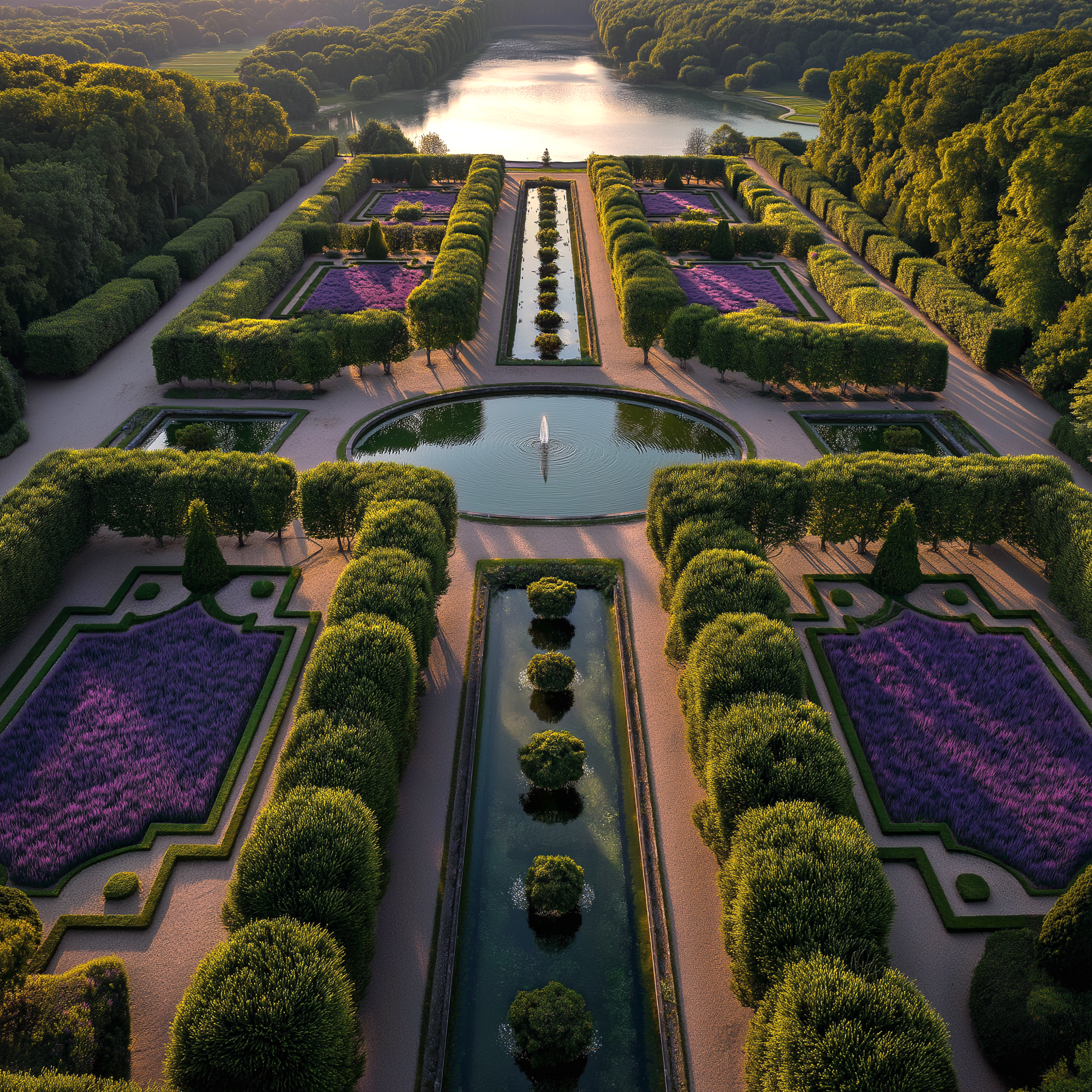 Aerial view of a grand formal garden with symmetrical hedges, lavender flower beds, fountains, and tree-lined pathways leading to a lake.