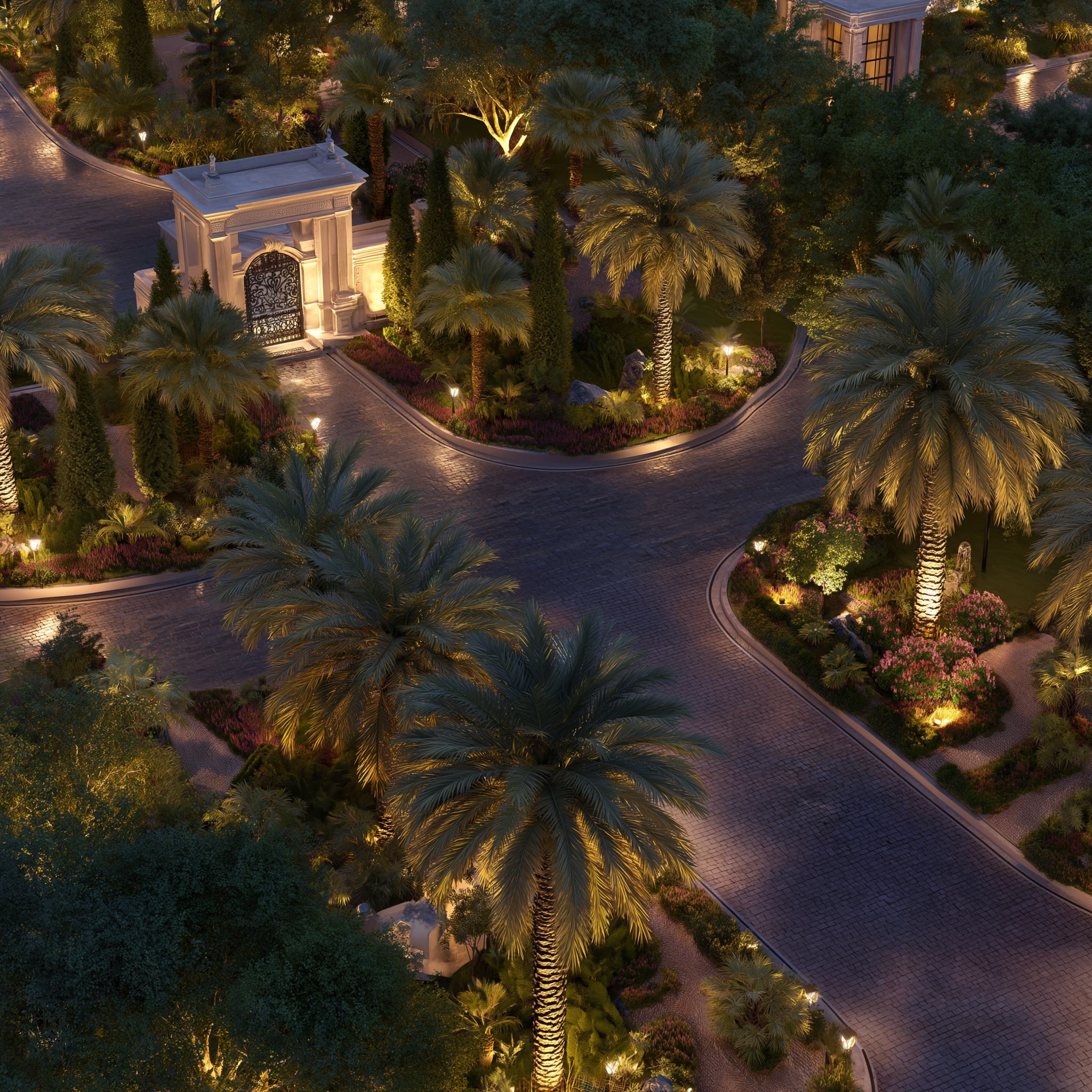 Luxury residential entrance with palm trees, manicured greenery, and elegant driveway lighting creating a resort-style ambiance at night.