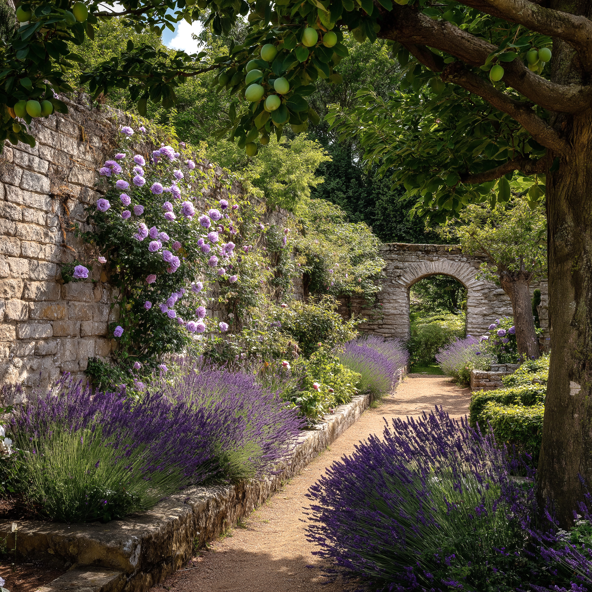 Romantic walled garden path lined with lavender and climbing roses, leading to a stone archway beneath fruit trees.
