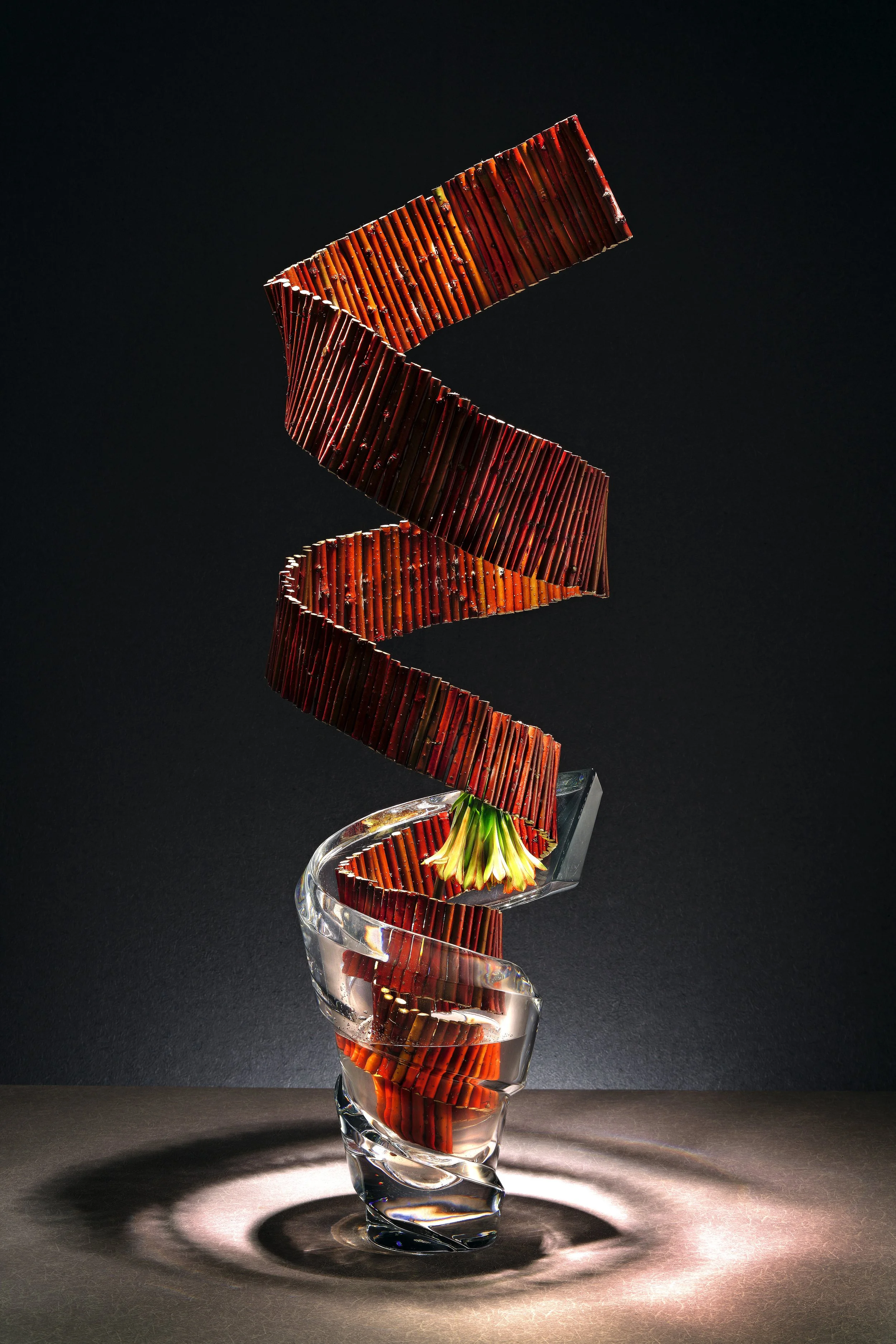 Contemporary floral sculpture with a spiraling red twig ribbon descending into a clear glass vase with submerged blooms.