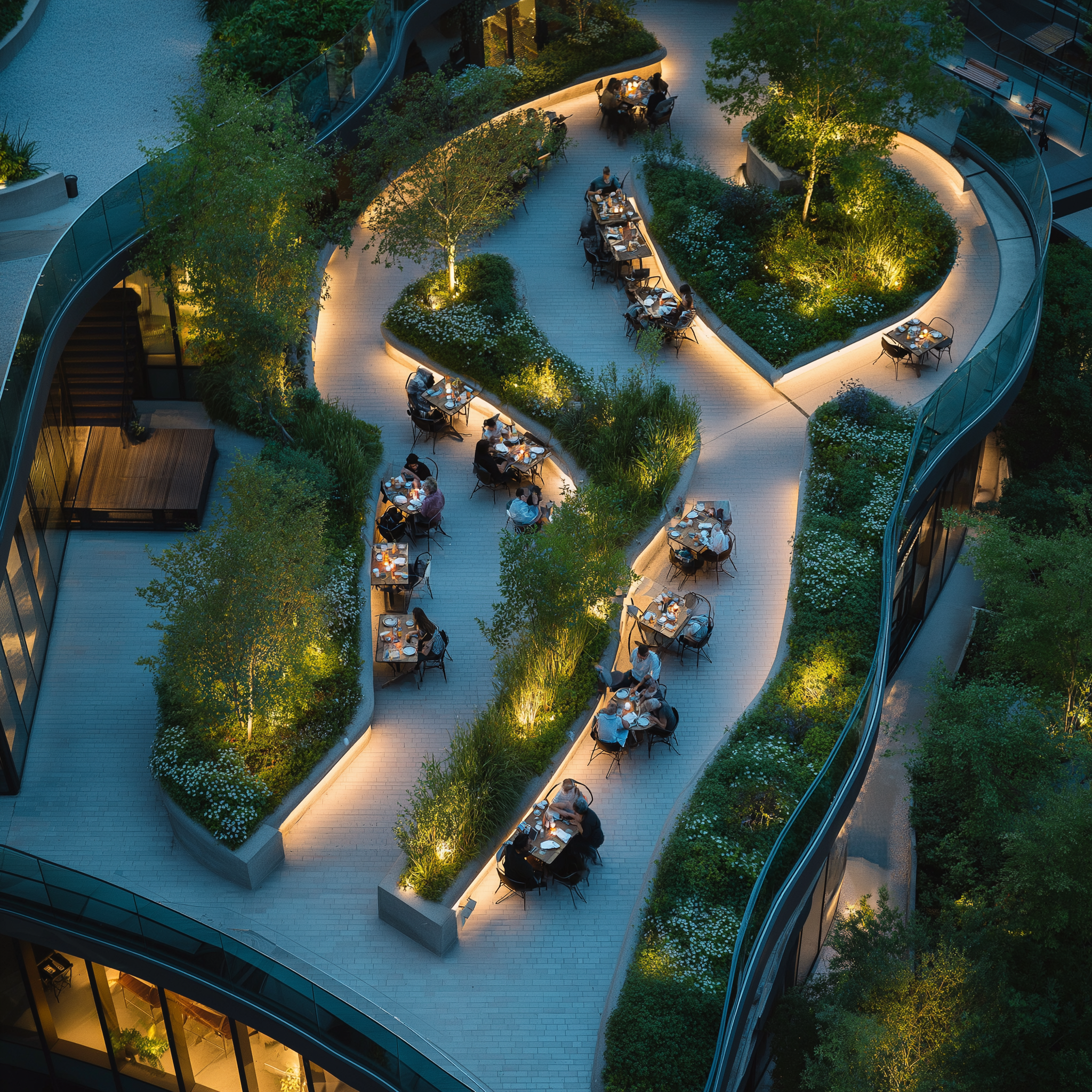 Aerial view of a modern rooftop restaurant garden with curved pathways, outdoor dining tables, and lush greenery softly lit at night.