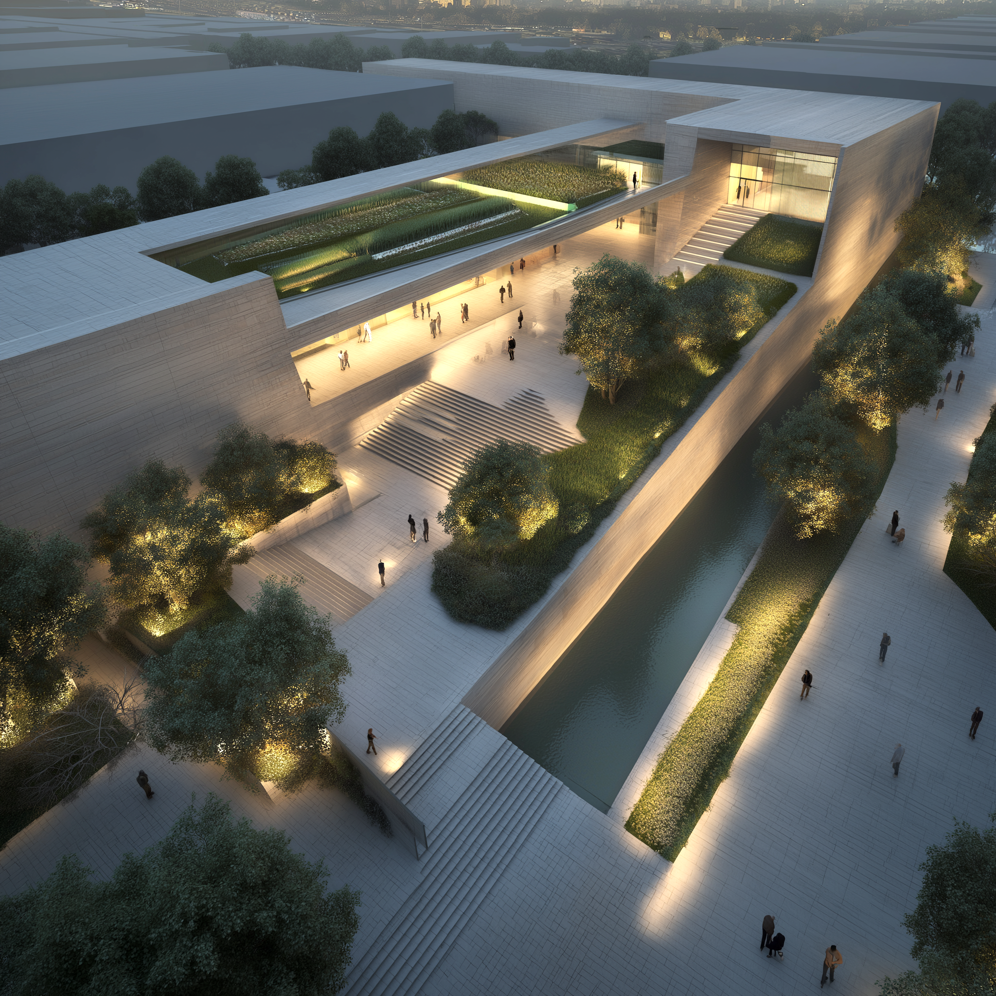Contemporary institutional landscape with minimalist architecture, reflecting pool, and illuminated evening walkways.