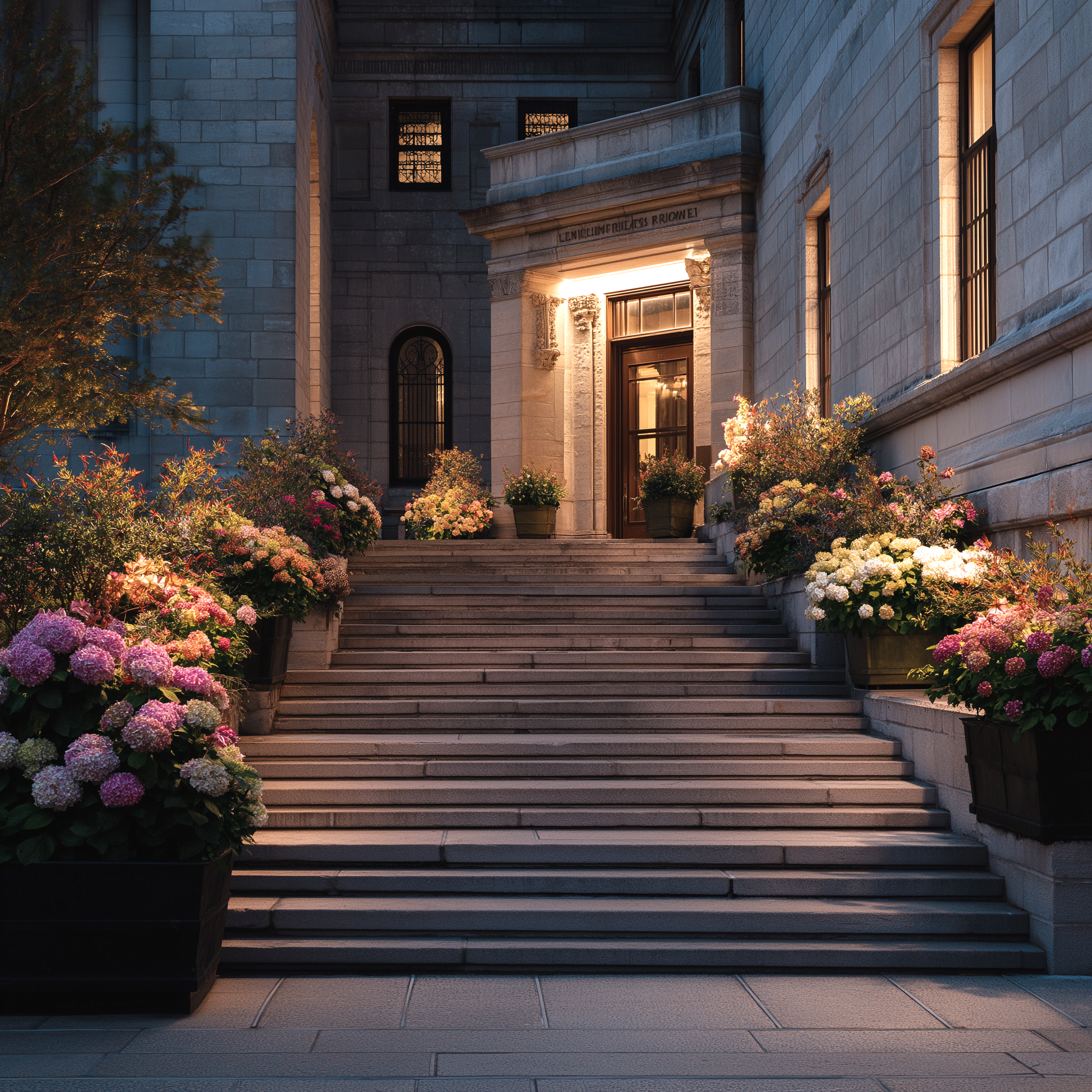 Elegant garden staircase adorned with potted hydrangeas and roses, leading to a historic stone building at dusk.