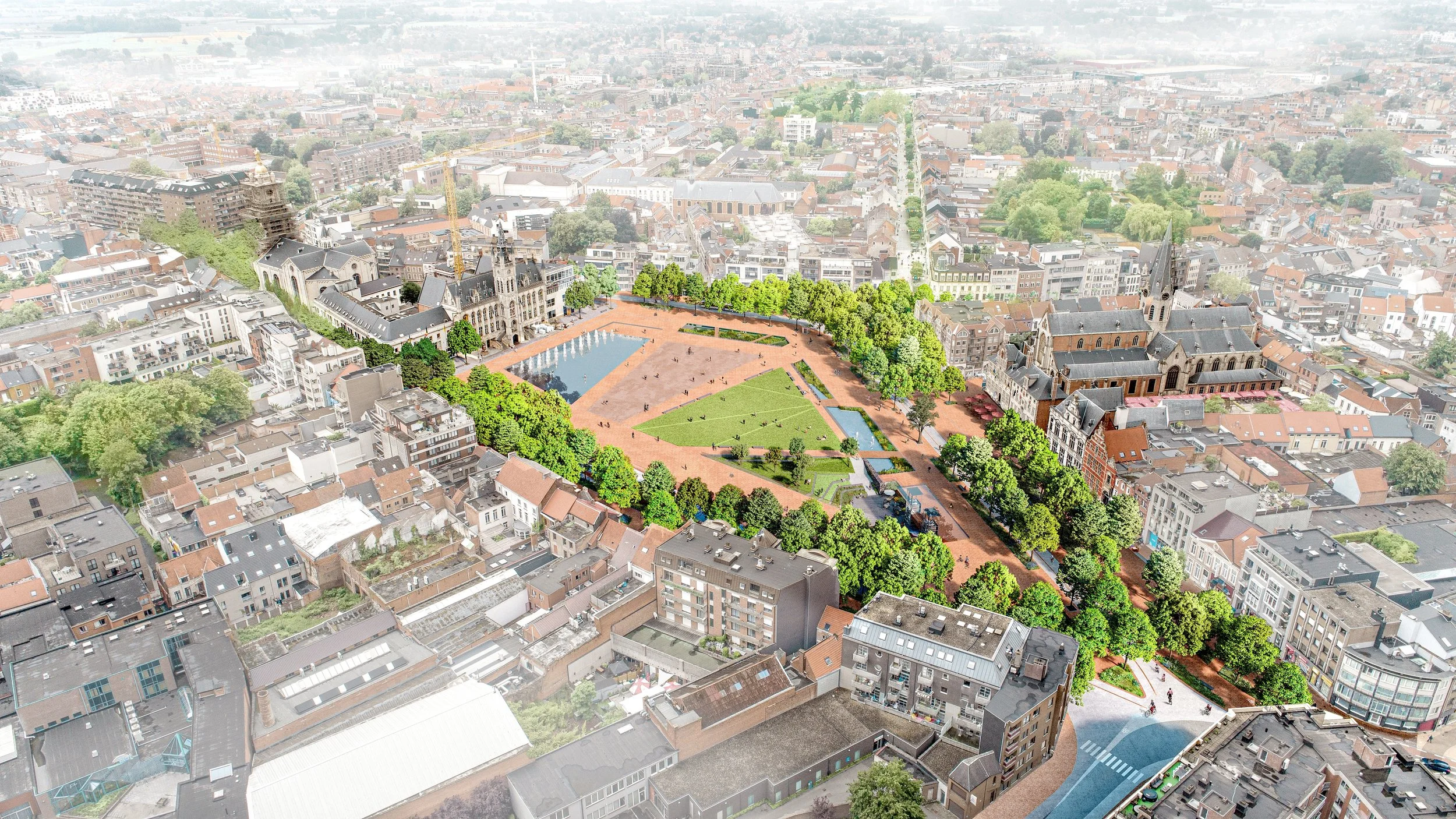 Aerial view of a historic European city square with reflecting pools, green lawns, and tree-lined boulevards integrated into the urban fabric.