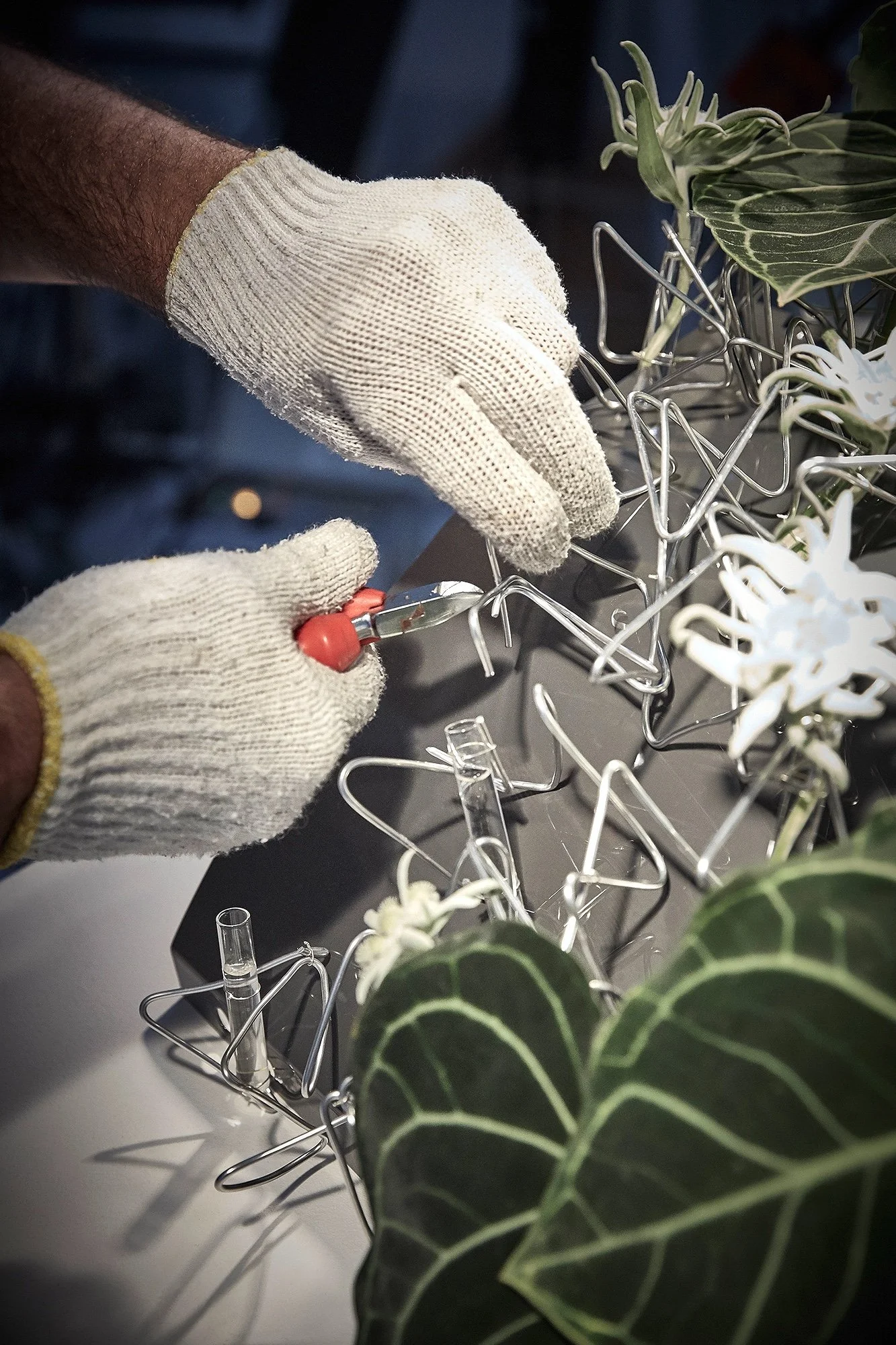 Daniel Ost excellence in floral craftsmanship with hands assembling sculptural installation.