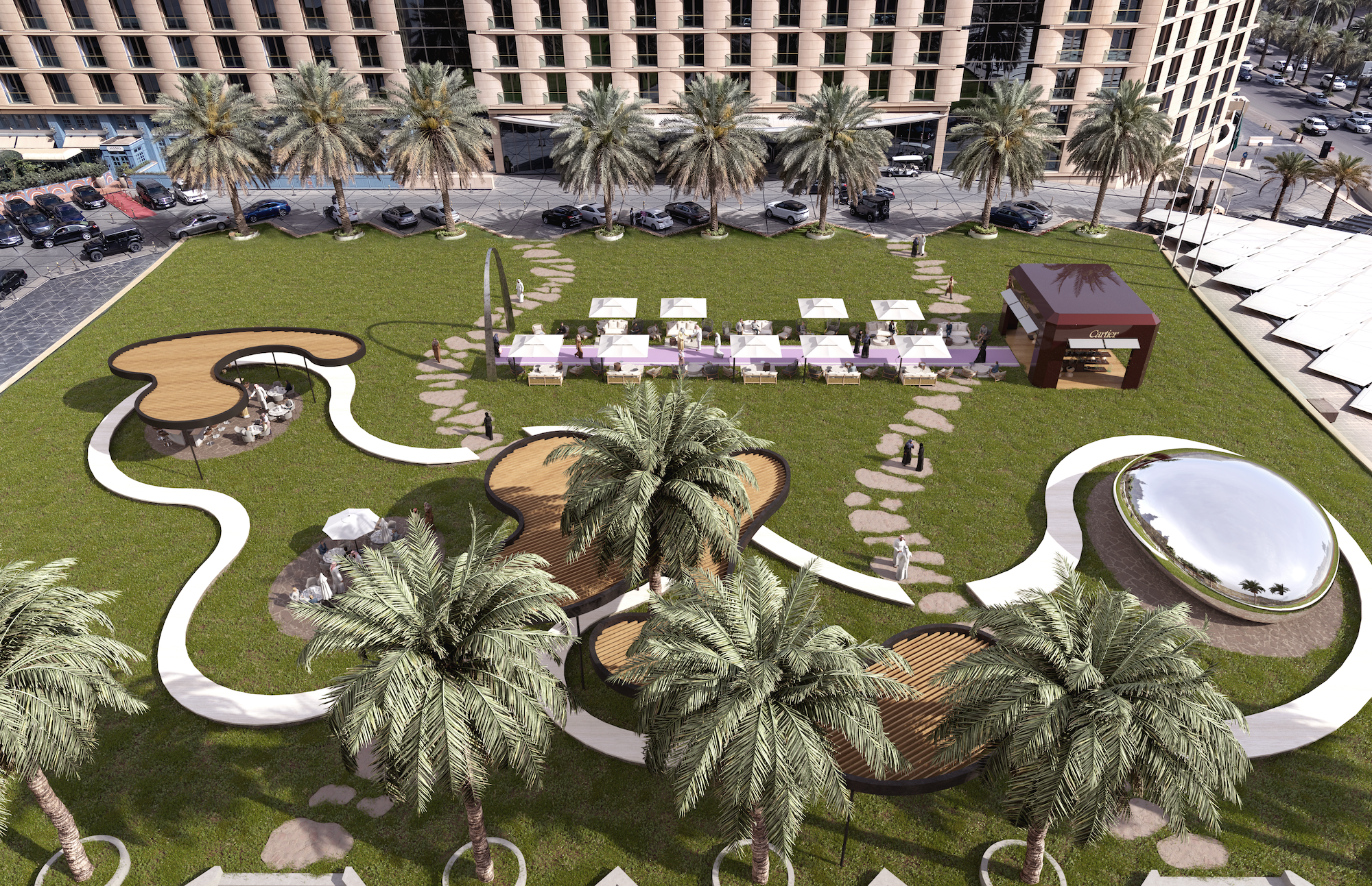 Contemporary outdoor plaza with palm trees, shaded seating areas, and a Cartier pop-up pavilion in front of a modern building.