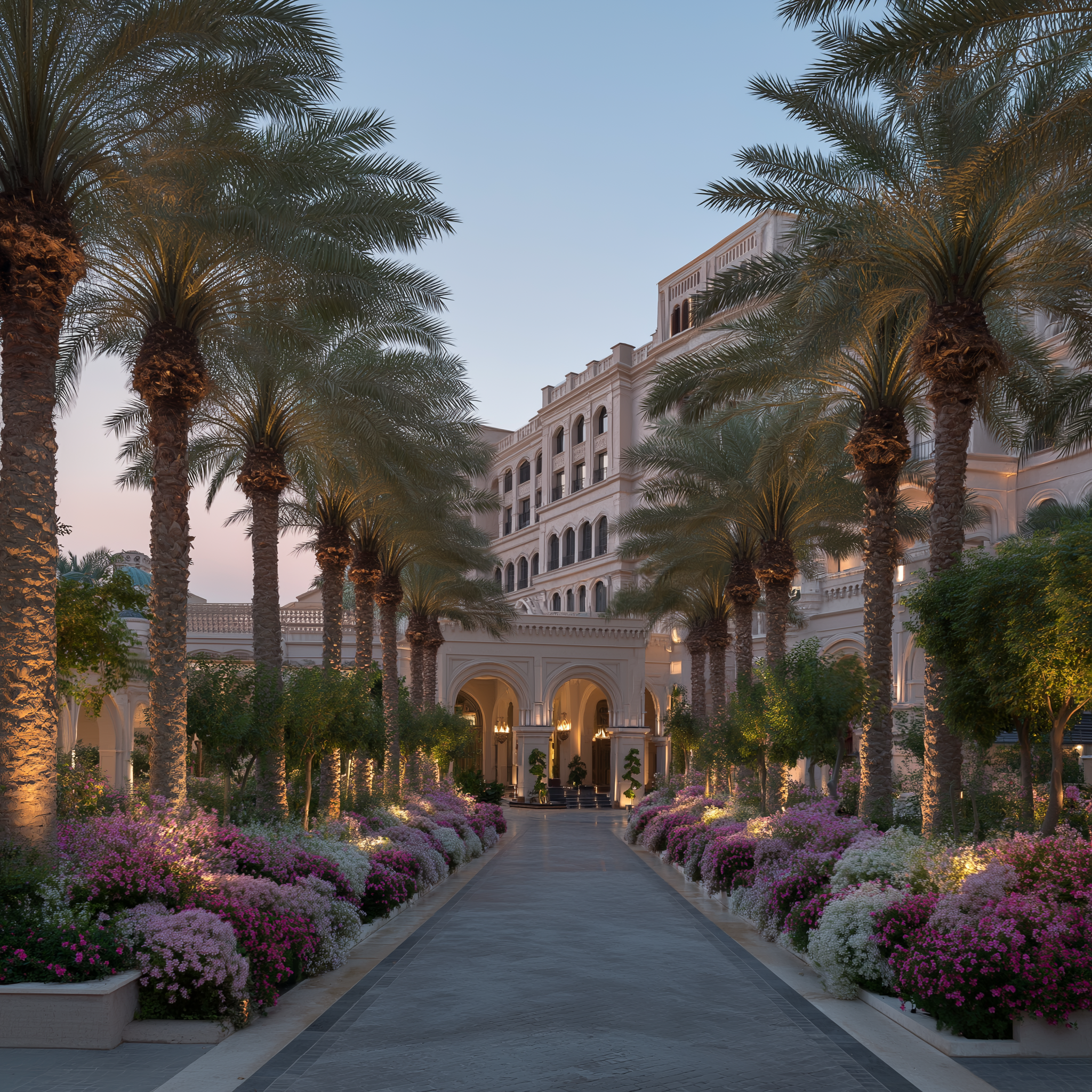 Grand luxury hotel entrance with palm trees, colorful floral borders, and atmospheric evening lighting along the main driveway.