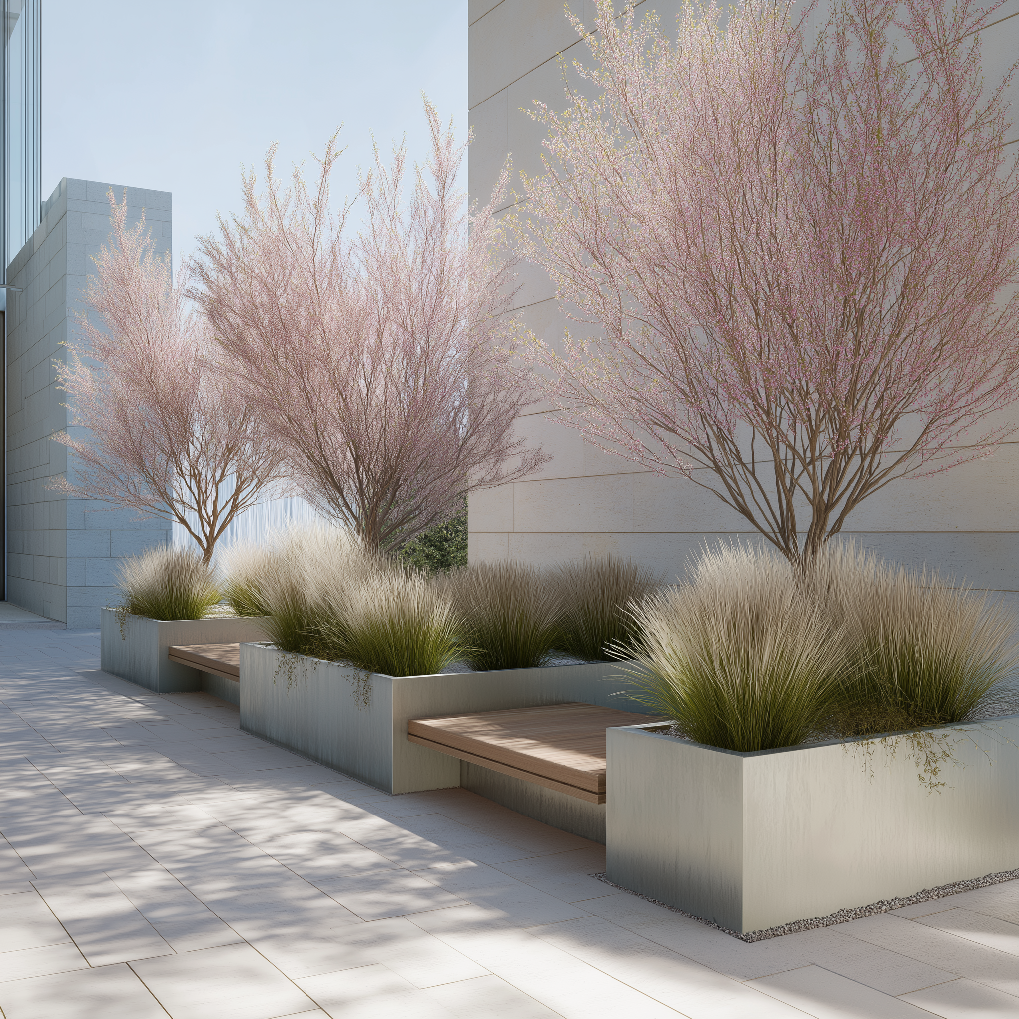 Minimalist corporate terrace with pale stone flooring, ornamental grasses, and delicate pink flowering trees in sleek planters.