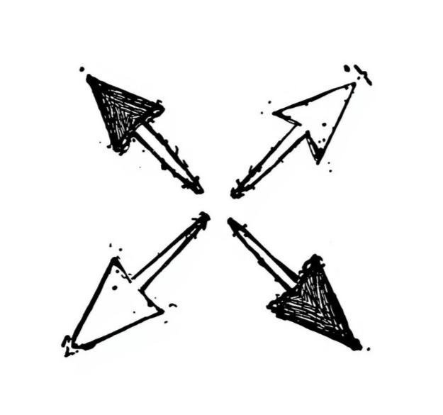 Four arrows, two black filled and two outlined, pointing outward from a central point.