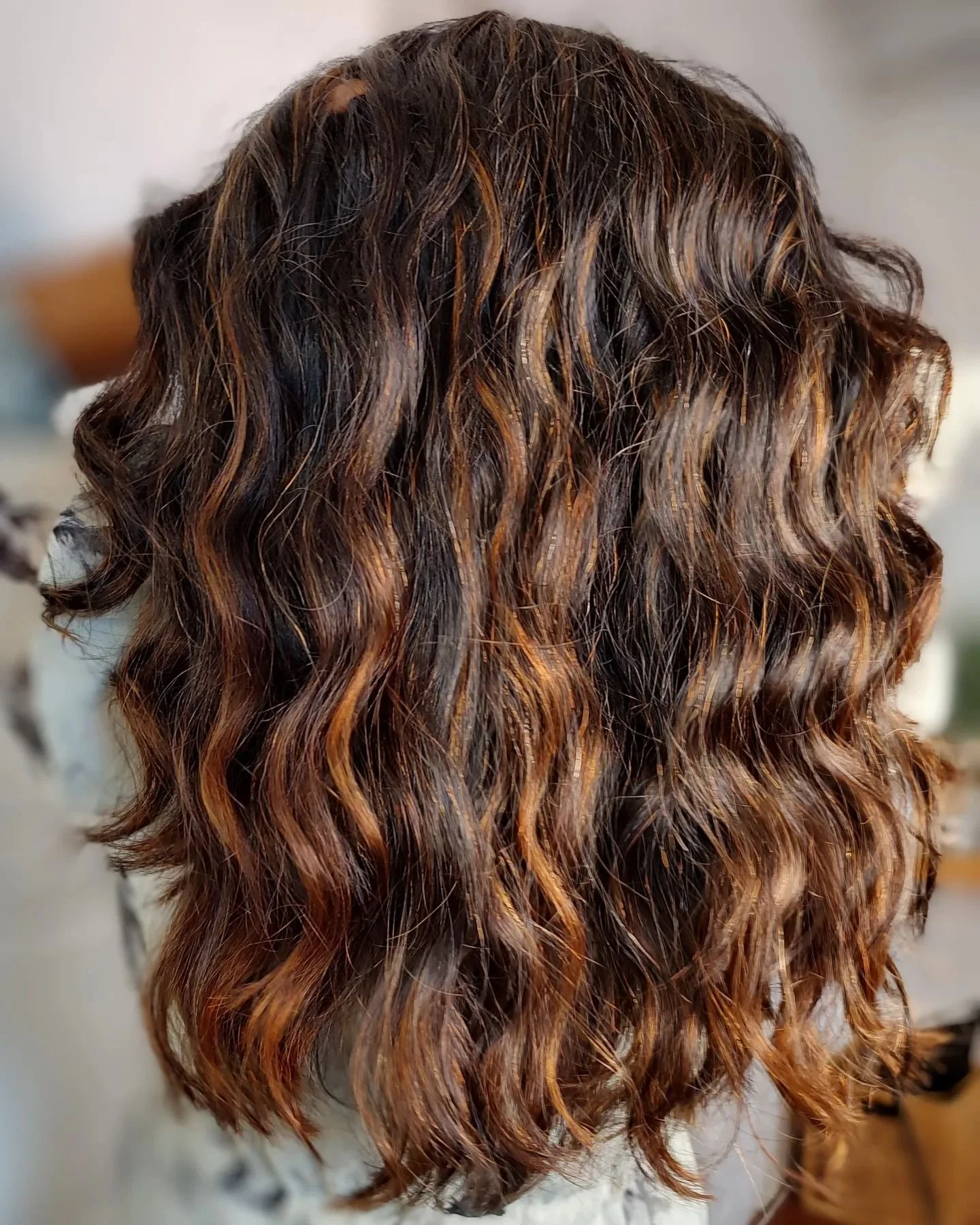 Back view of wavy, shoulder-length hair with highlights in brown and auburn tones.