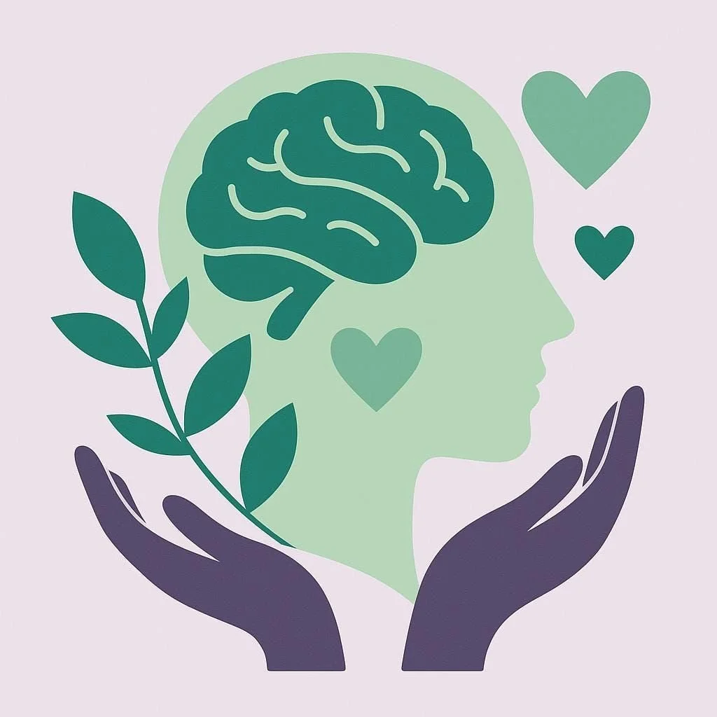 A digital illustration of a human head profile with a brain and hearts, held by two hands with leaves, symbolizing mental health and care.