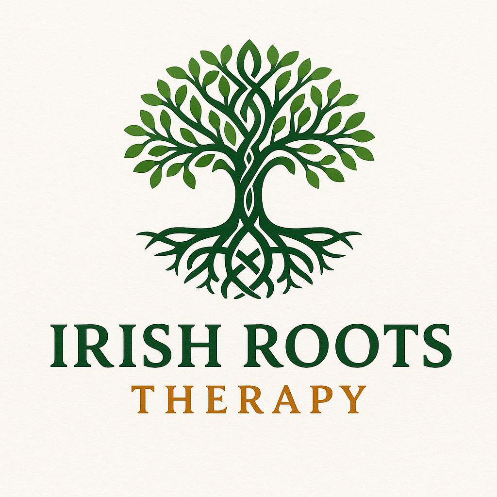 Logo featuring a stylized green Celtic knot tree with the text 'Irish Roots Therapy' beneath it, on a light background.