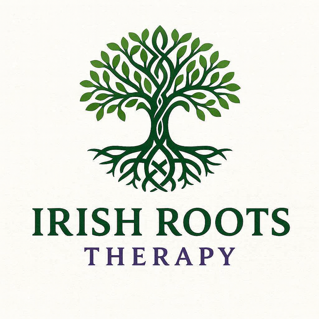 Green Celtic-style tree with entwined roots and branches, above the text 'Irish Roots Therapy'.