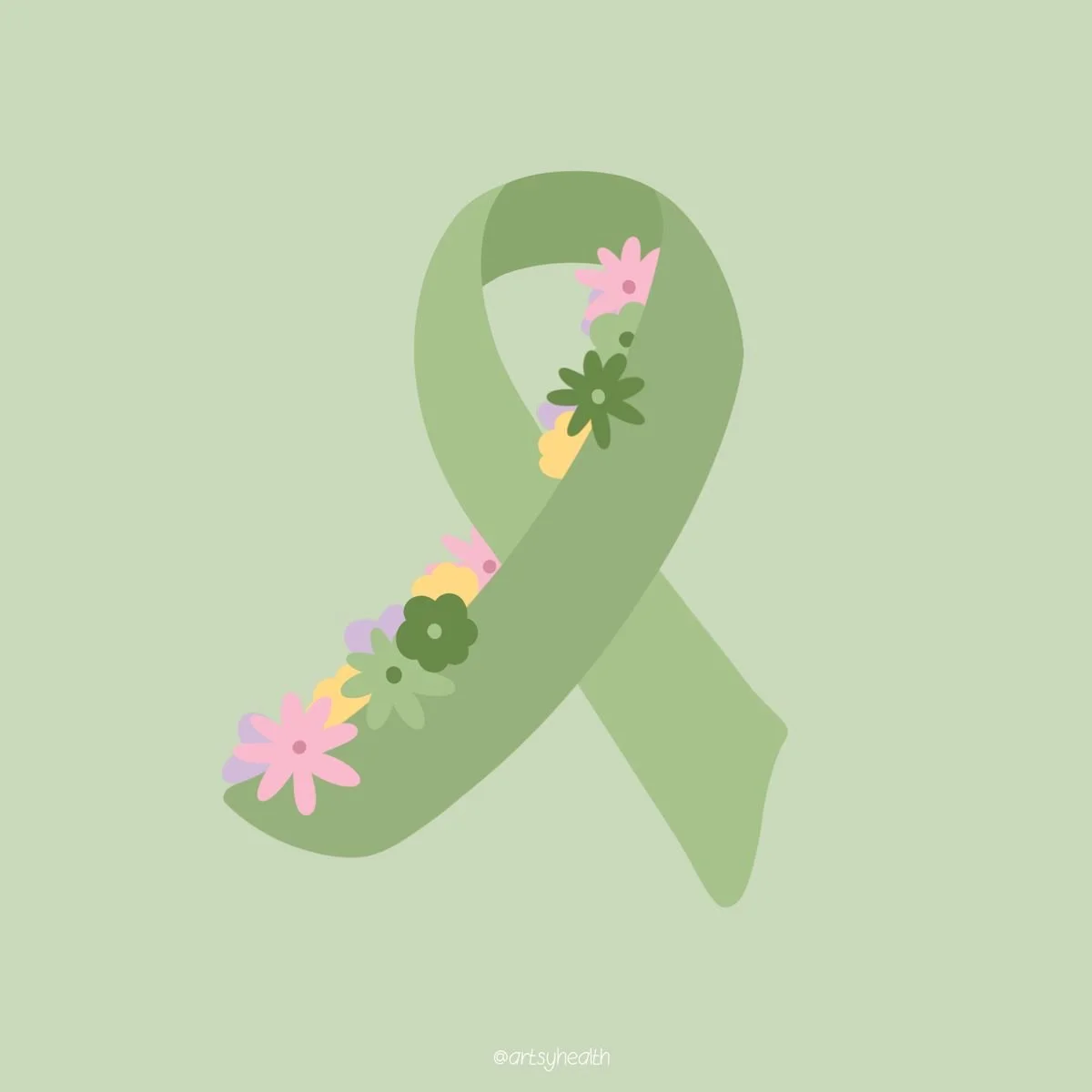 A green ribbon with pink, purple, yellow, and dark green flowers on it, set against a light green background.