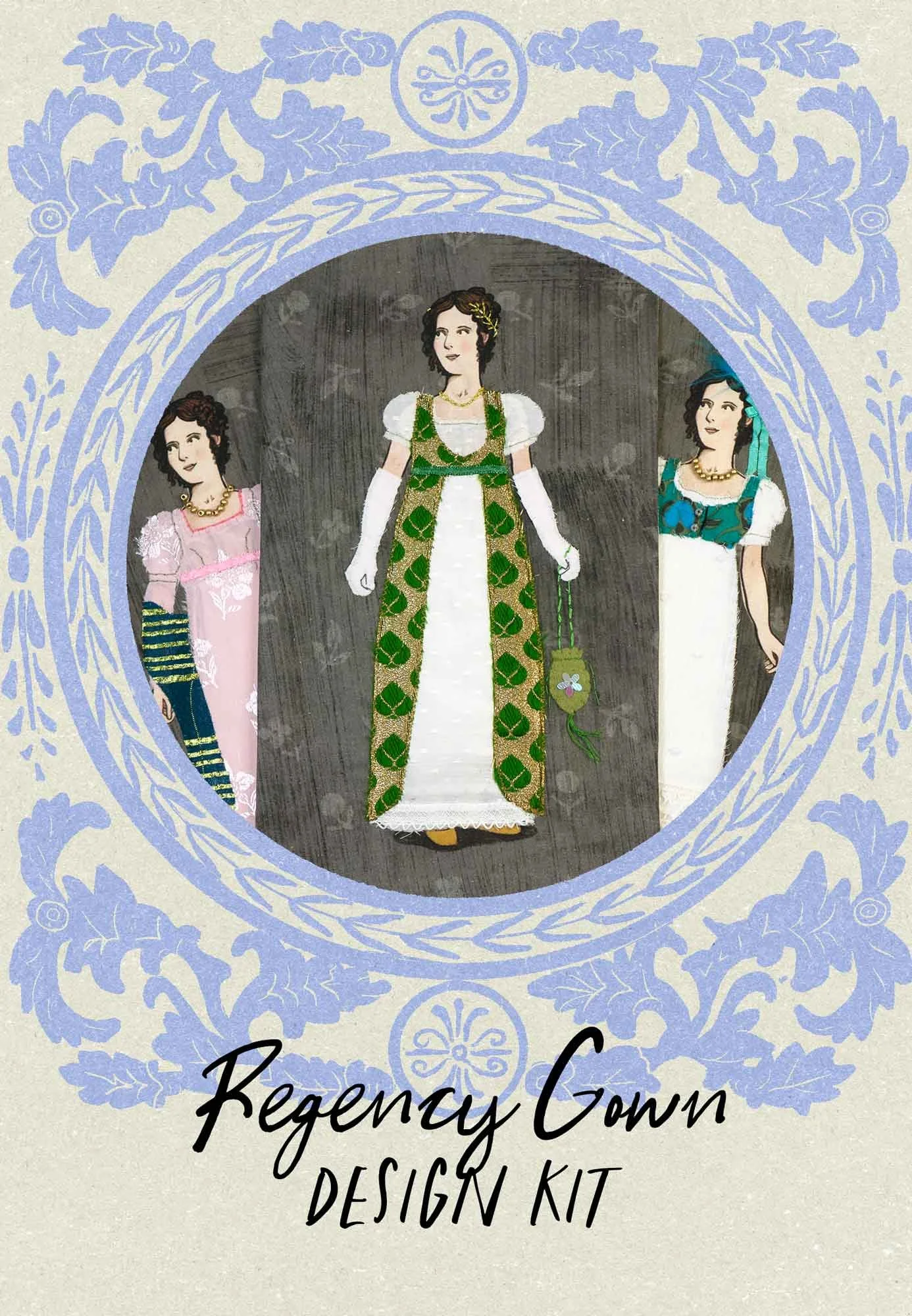 Stitched portraits of three Regency ladies