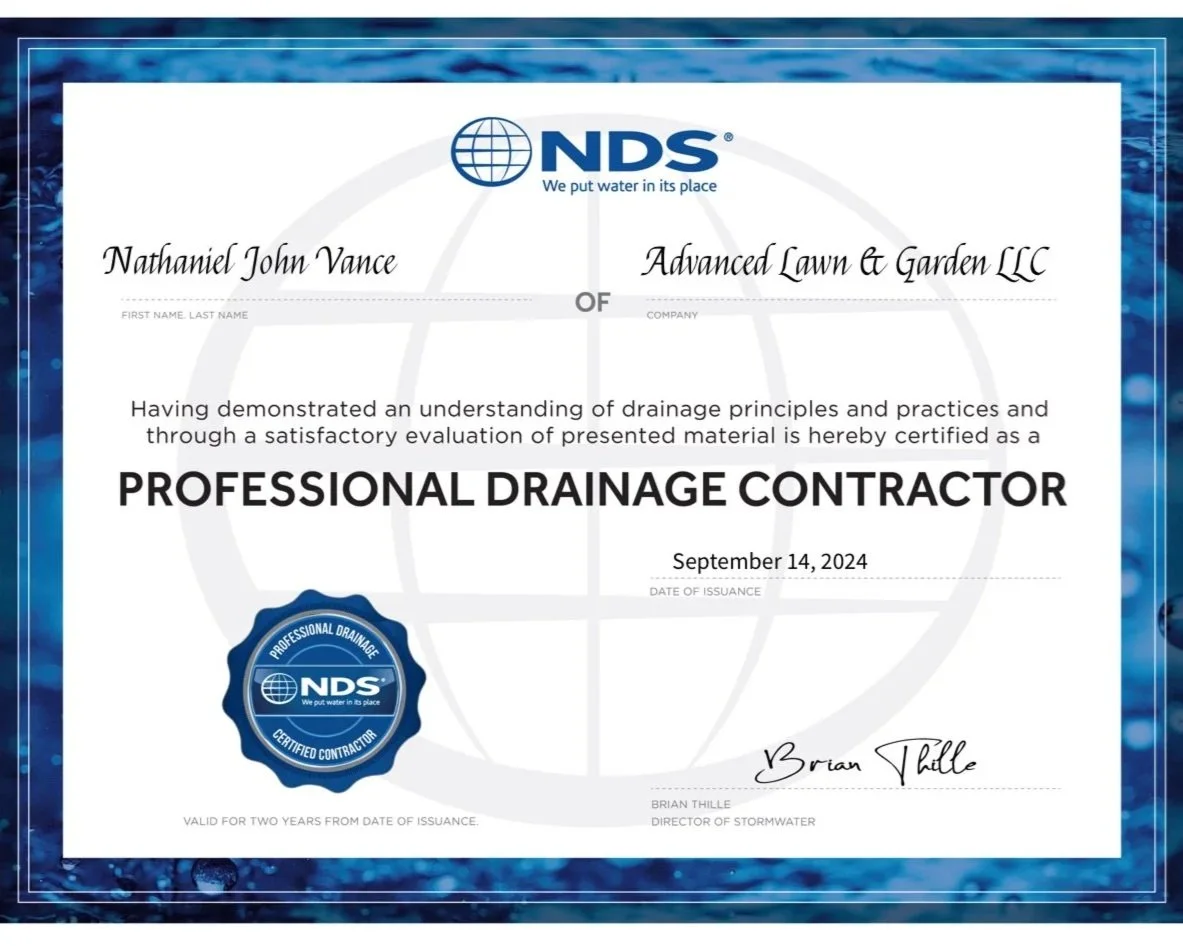 Official NDS Professional Drainage Contractor certification for Advanced Lawn & Garden.