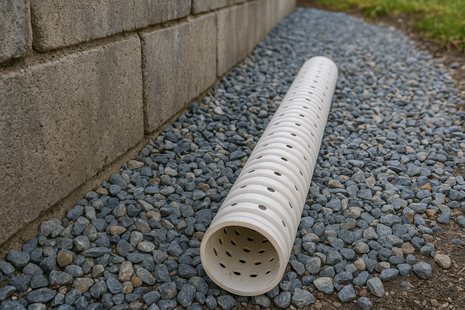 White perforated drain pipe laid on gravel base near concrete block retaining wall.