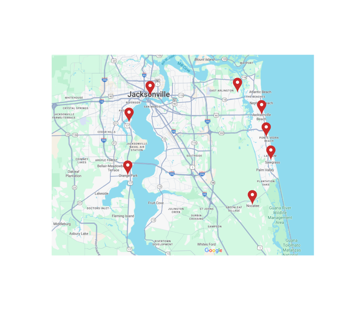 Map of Jacksonville highlighting drainage and gutter service areas.