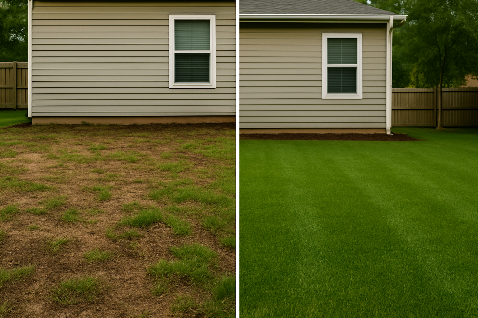 Before and after lawn comparison showing drainage improvement results.