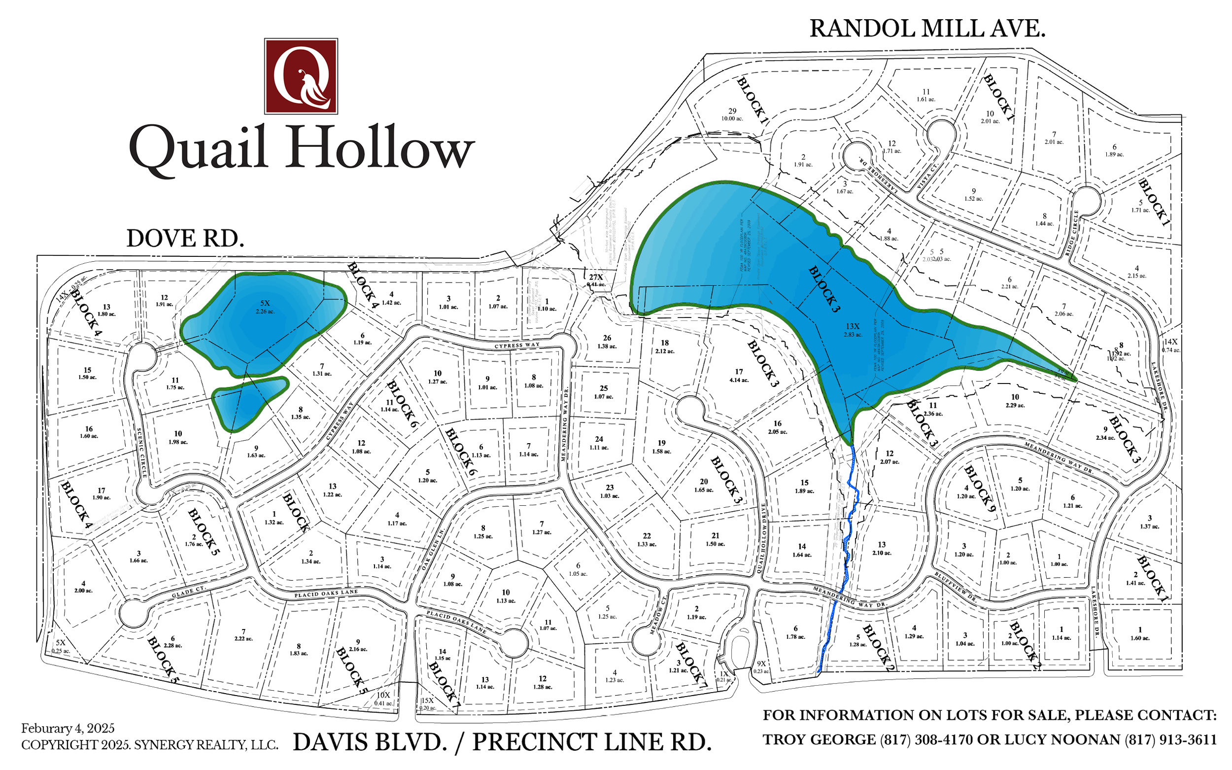 A map of Quail Hollow residential community showing lot parcels, roads, and ponds, with some ponds highlighted in blue.