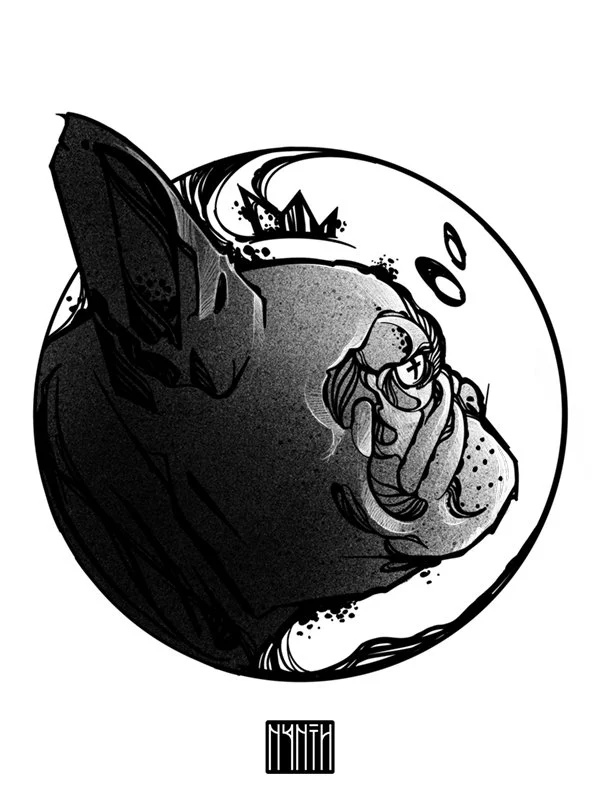 A black-and-white drawing of a cat with a small girl sitting on its nose, enclosed in a circular frame with a barcode below.